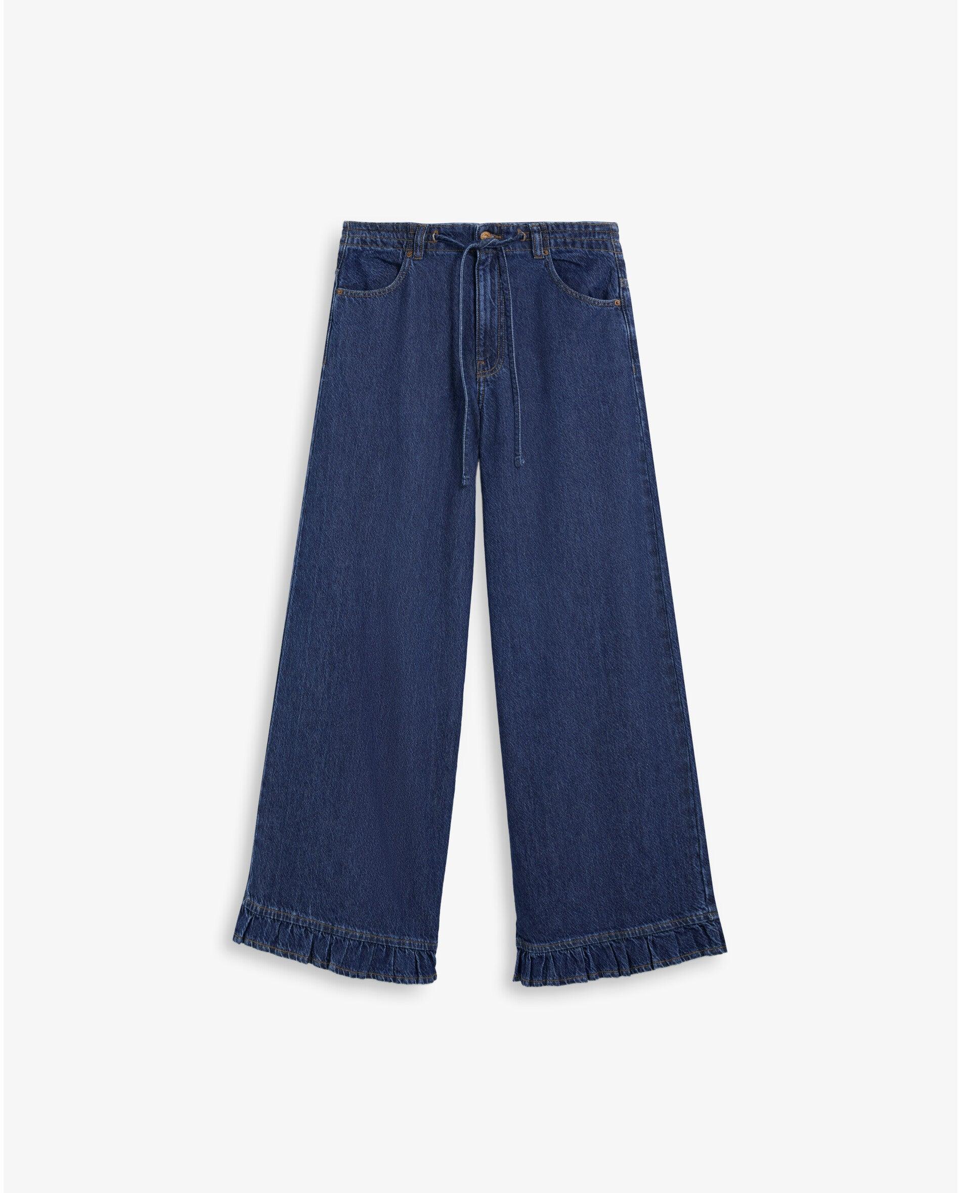 Jeans Largo com Cordão Ajustável e Folho na Bainha Azul-índigo-5