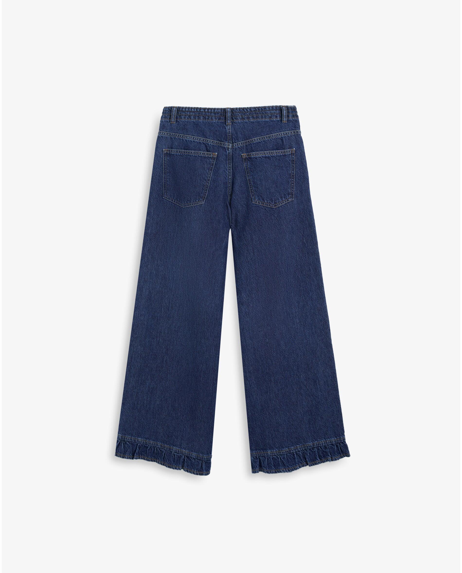 Jeans Largo com Cordão Ajustável e Folho na Bainha Azul-índigo-6