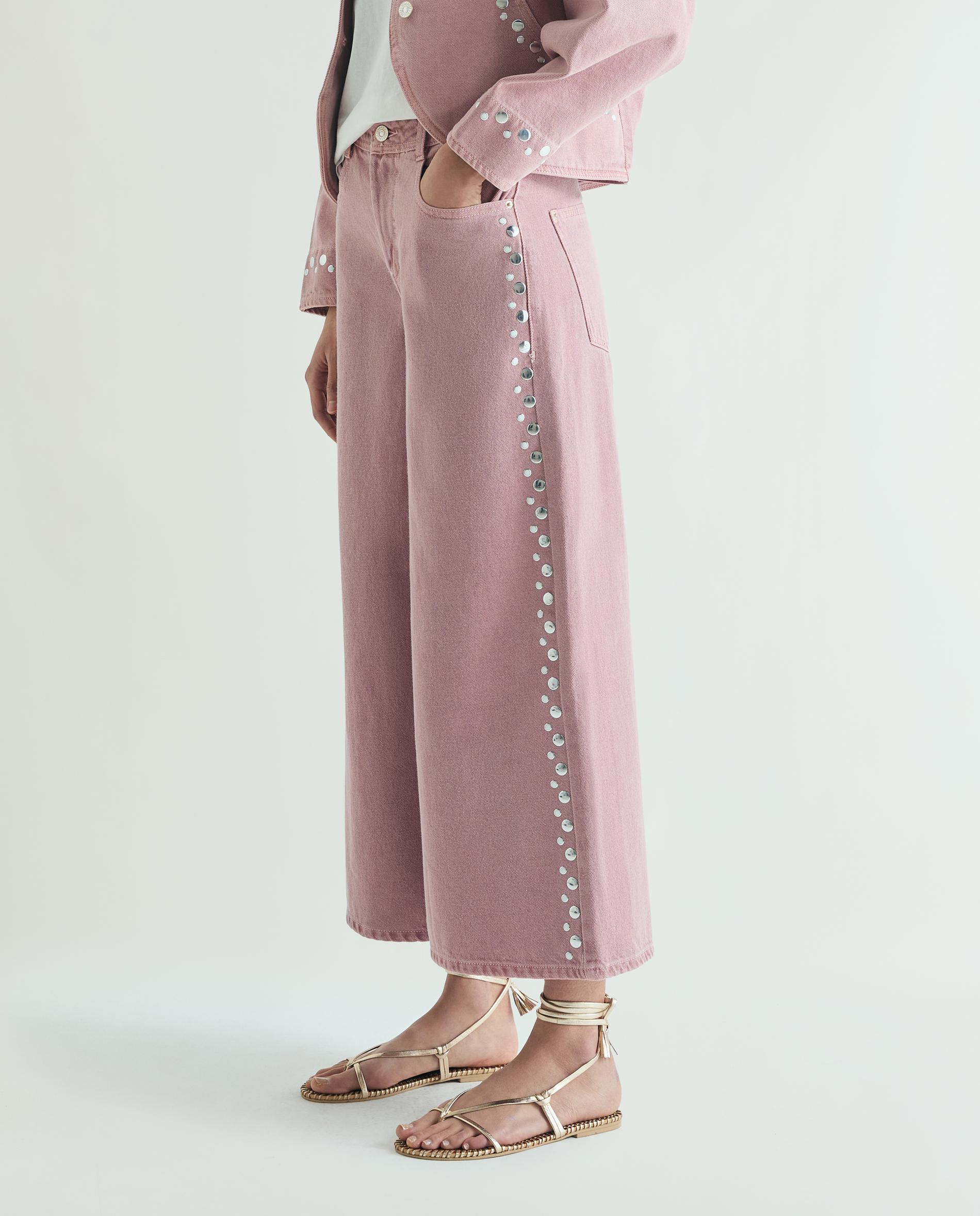 Jeans Largo de Cintura Subida com Tachas Rosa-claro-2