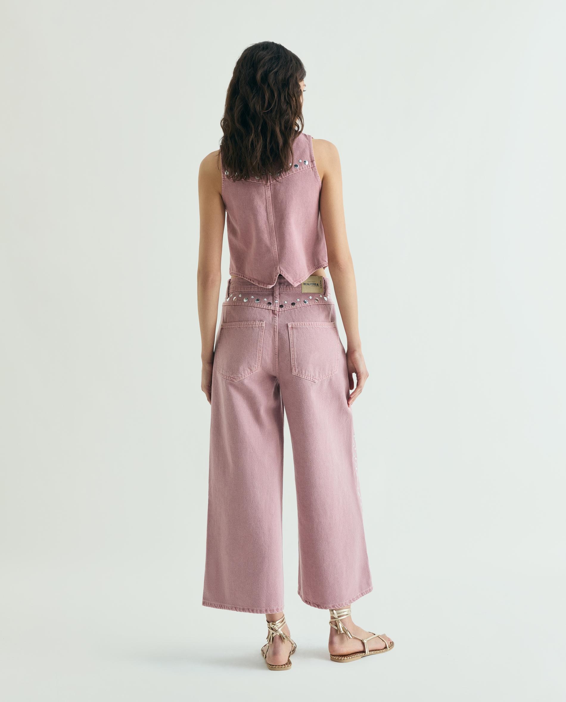 Jeans Largo de Cintura Subida com Tachas Rosa-claro-3