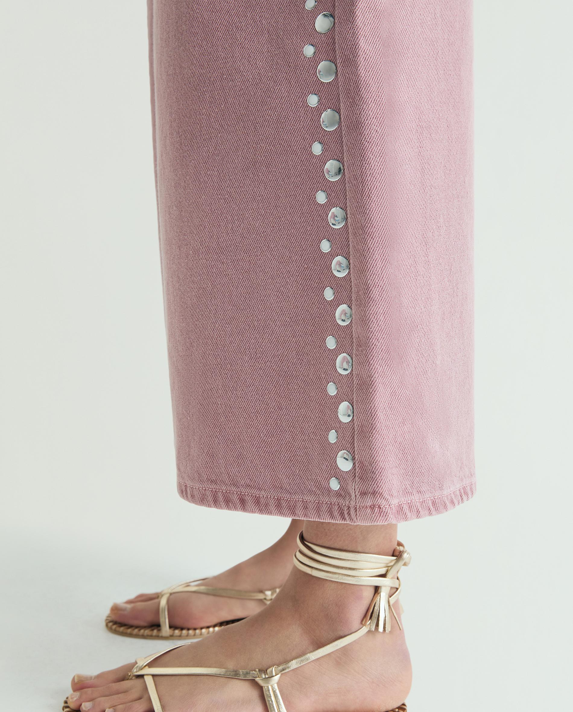 Jeans Largo de Cintura Subida com Tachas Rosa-claro-5