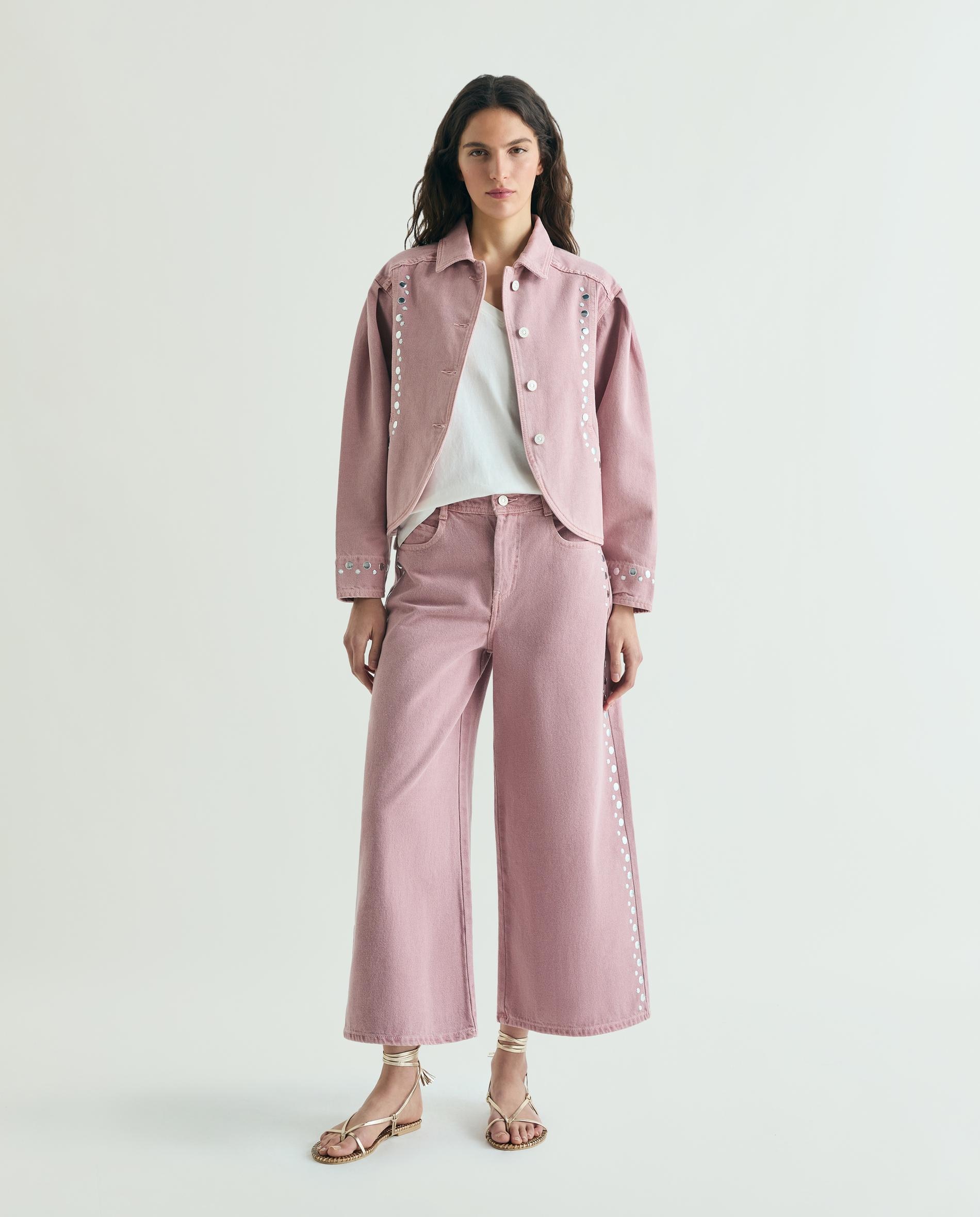 Jeans Largo de Cintura Subida com Tachas Rosa-claro-6