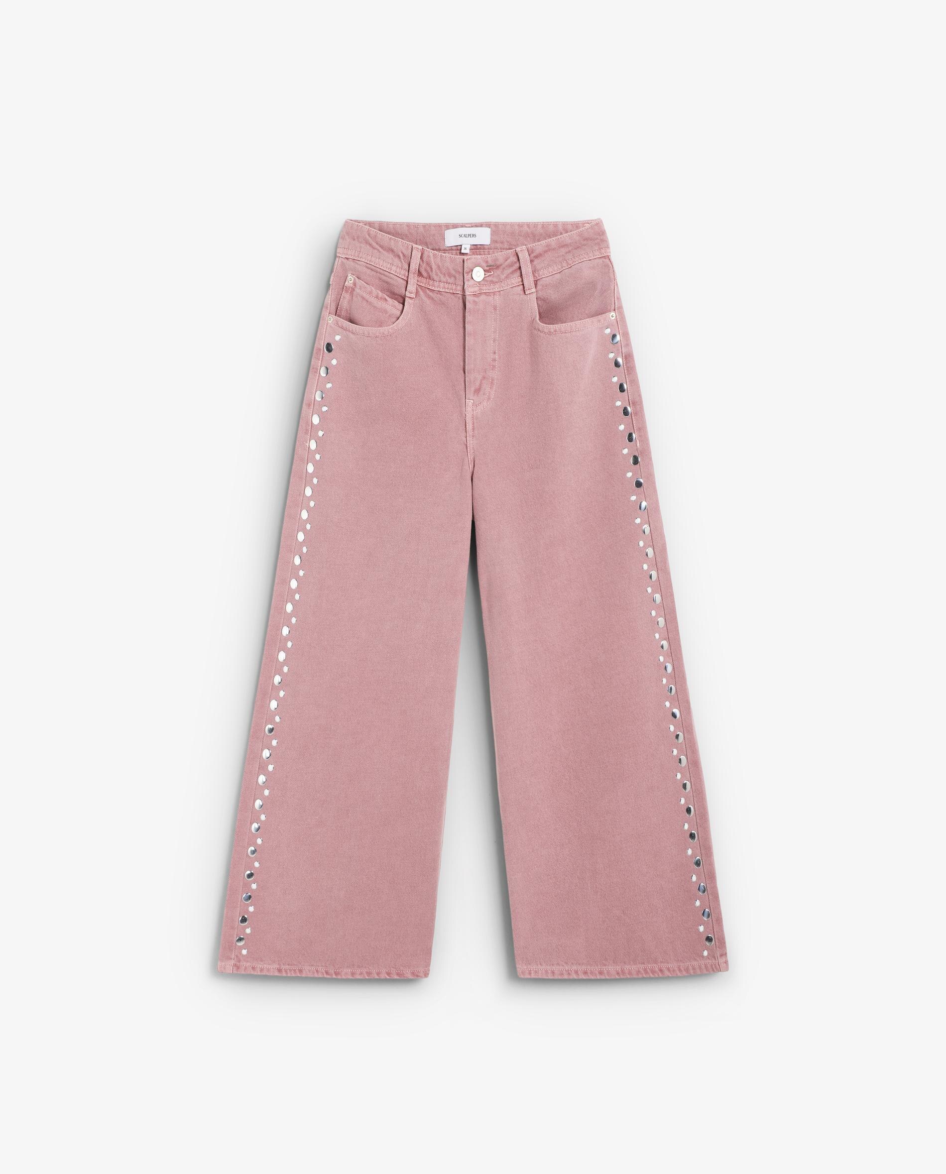 Jeans Largo de Cintura Subida com Tachas Rosa-claro-7
