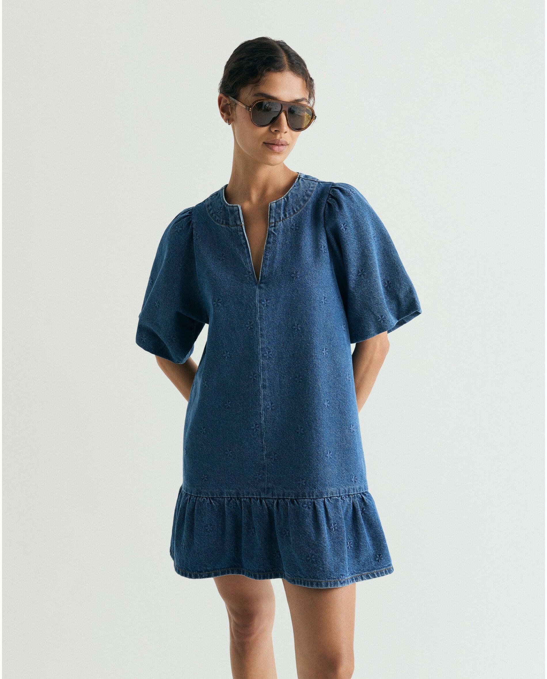 Vestido Curto Denim com Folho e Mangas Abalonadas Azul-índigo-2