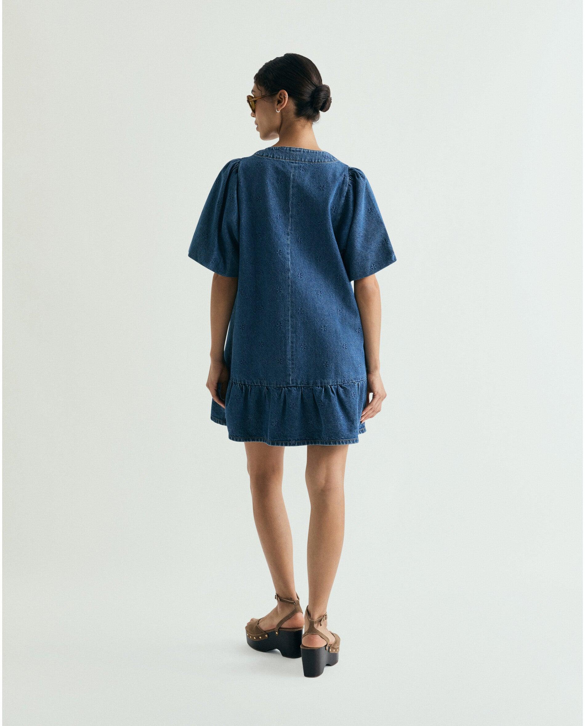 Vestido Curto Denim com Folho e Mangas Abalonadas Azul-índigo-3
