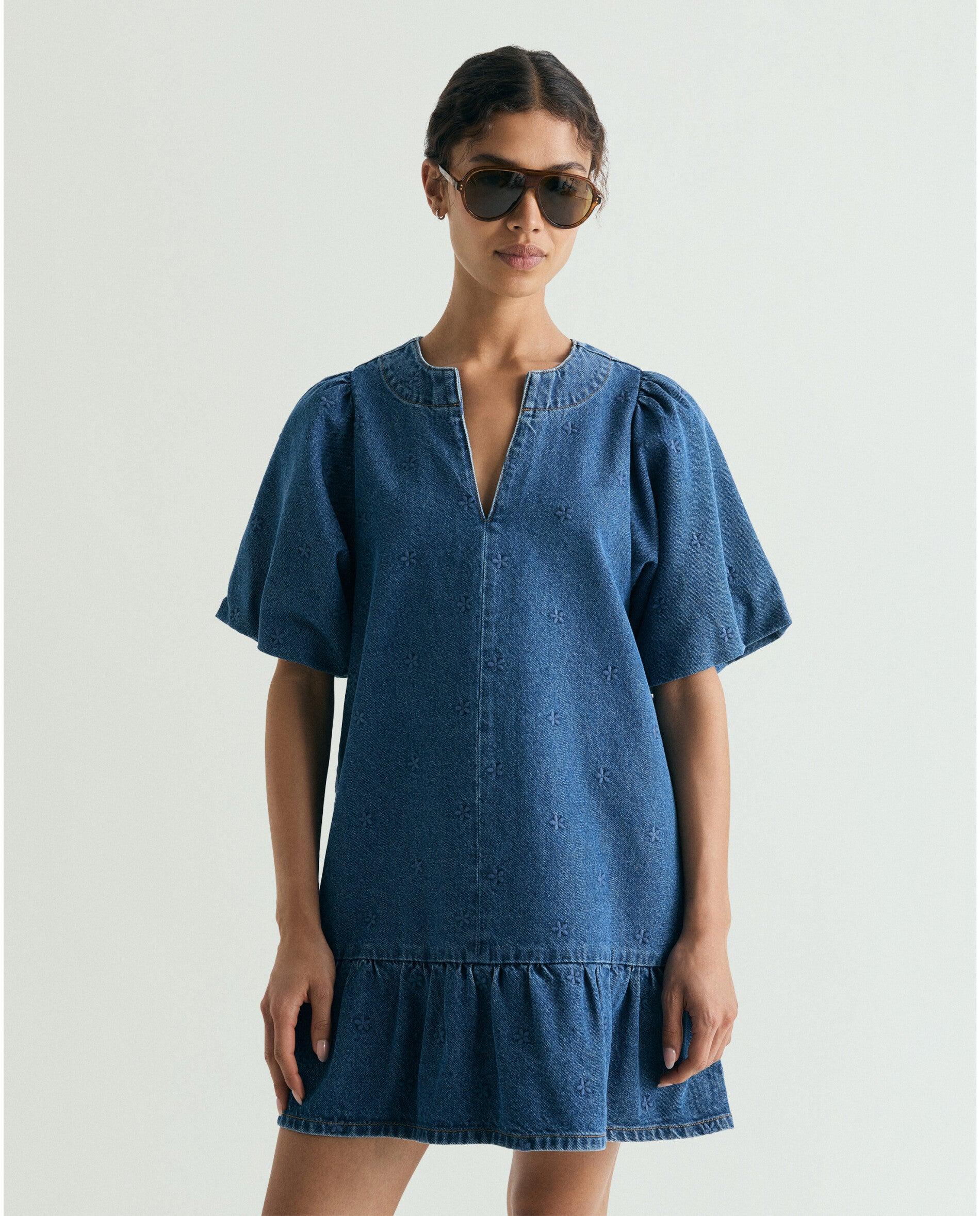 Vestido Curto Denim com Folho e Mangas Abalonadas Azul-índigo-4