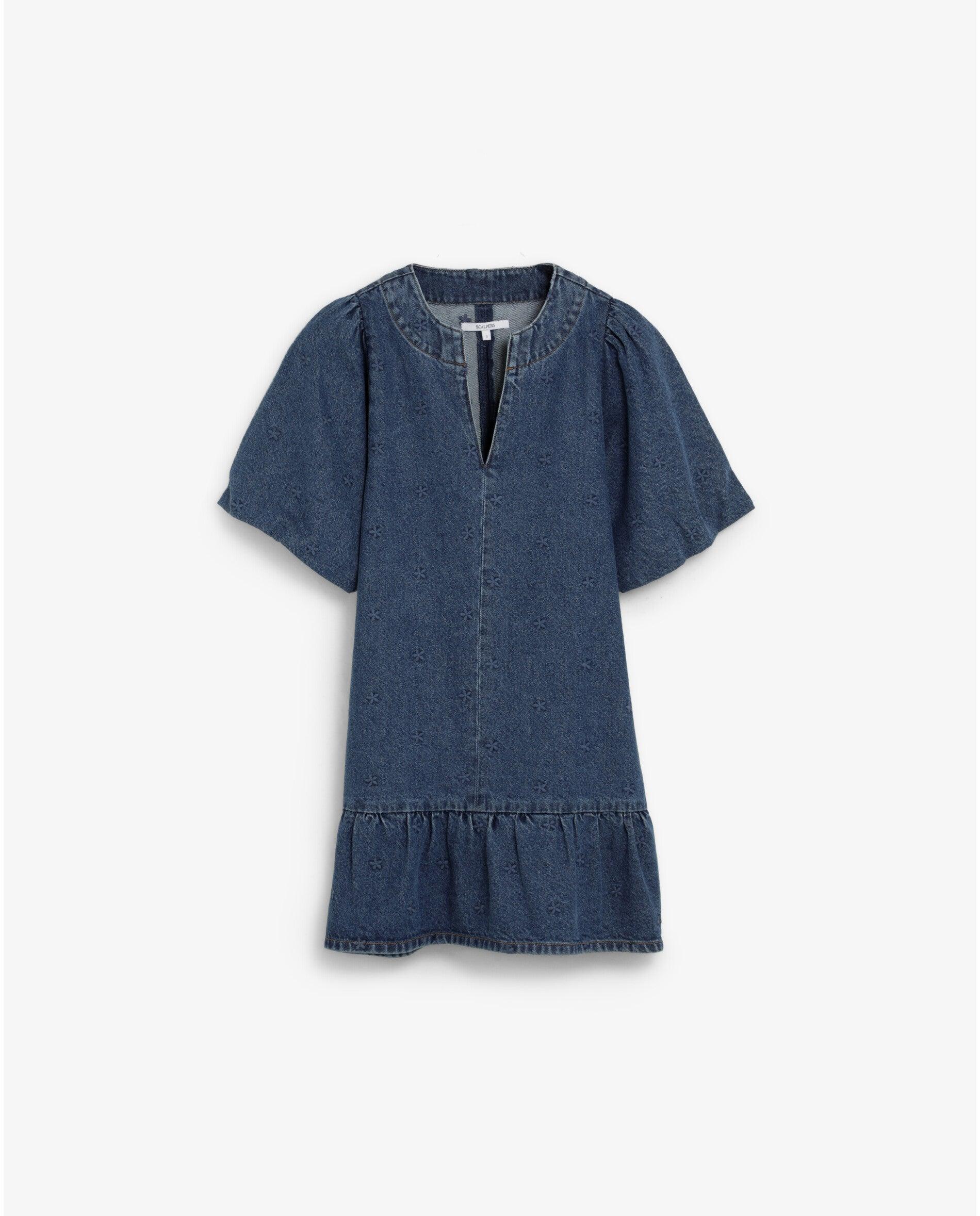 Vestido Curto Denim com Folho e Mangas Abalonadas Azul-índigo-5