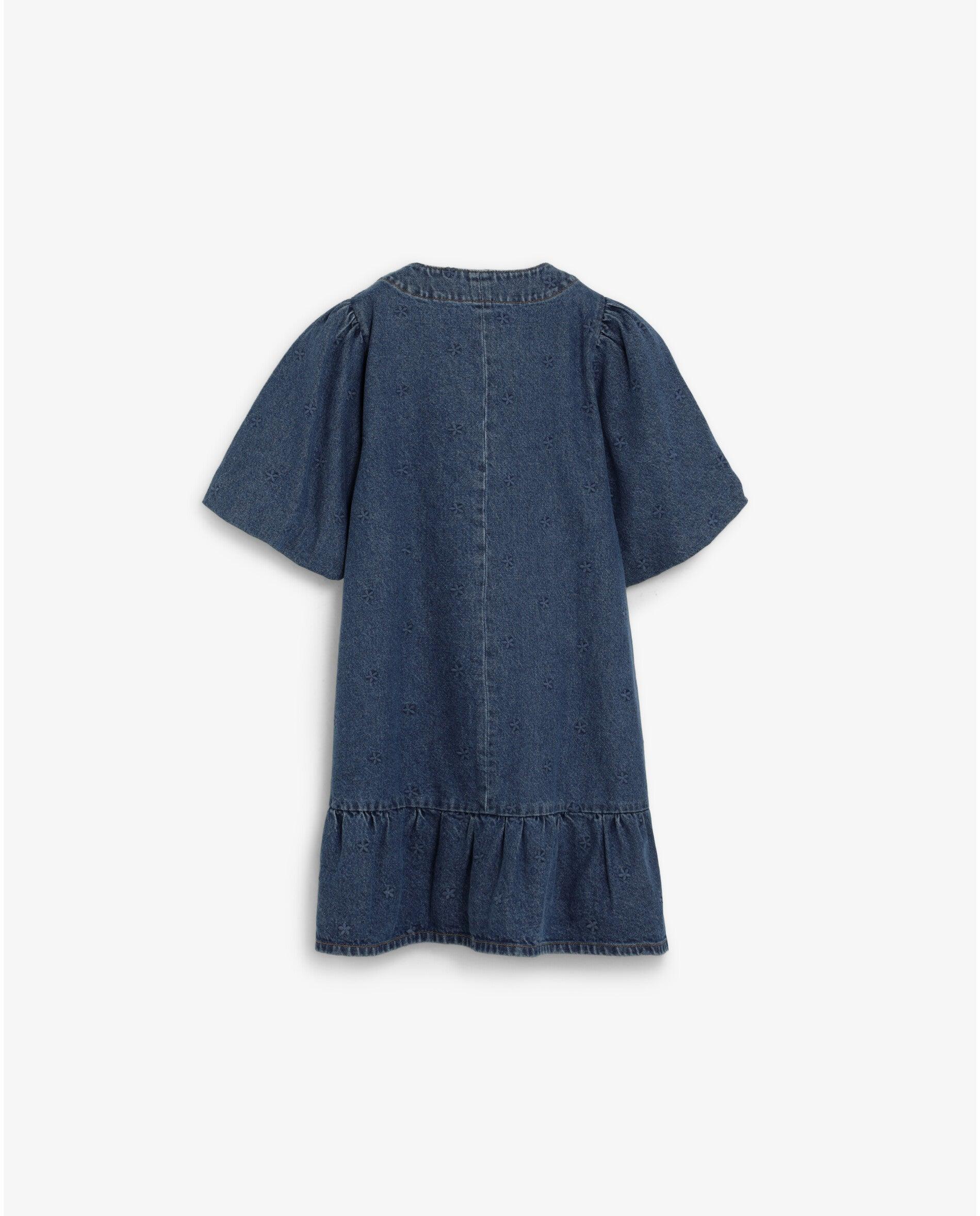 Vestido Curto Denim com Folho e Mangas Abalonadas Azul-índigo-6