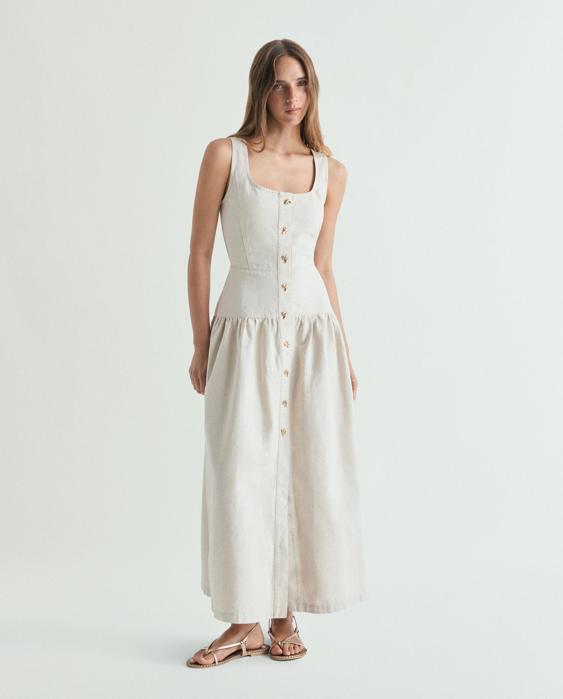 Imagem 0 de Vestido Midi com Botões em Tecido Rústico