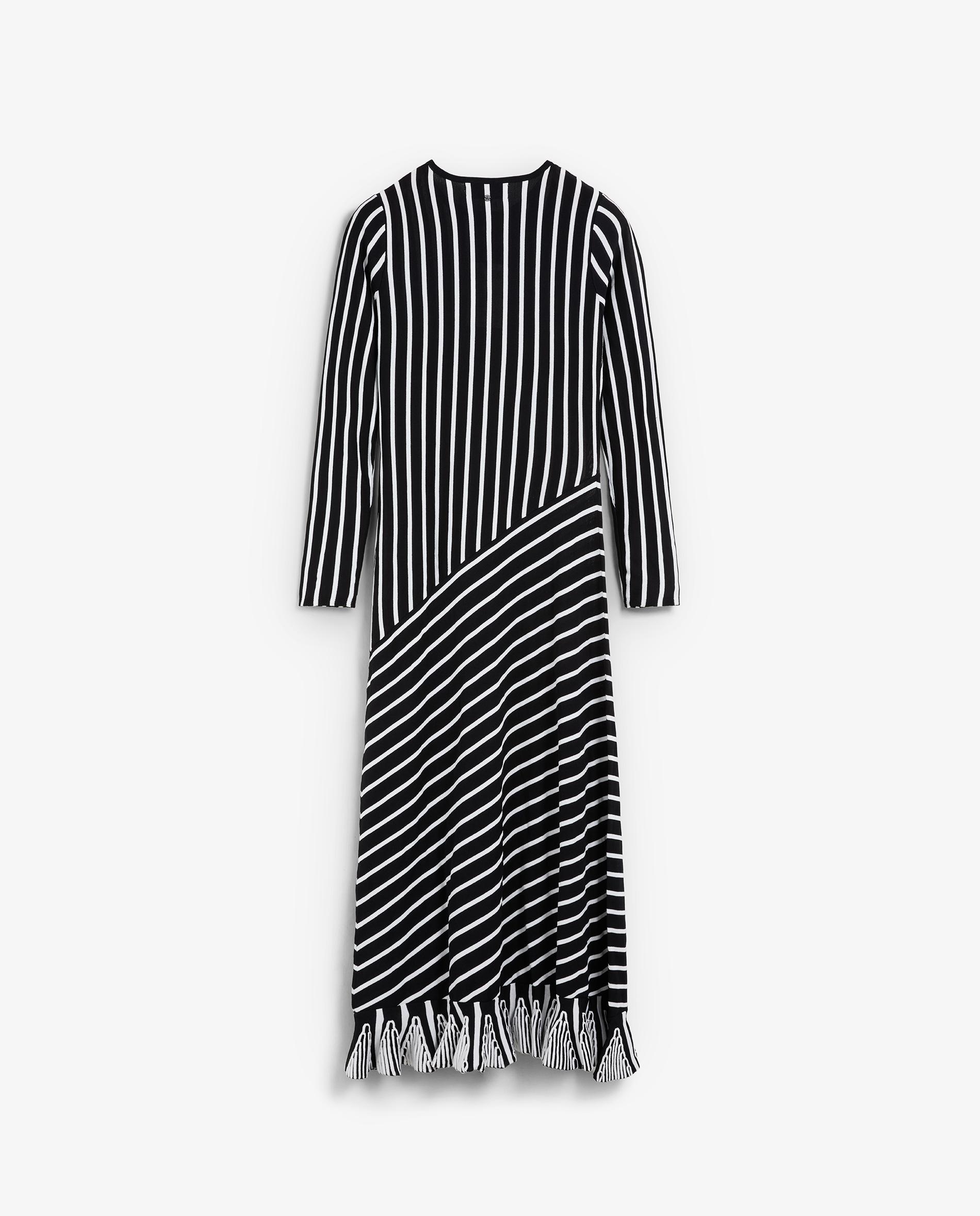 Vestido de Malha Midi de Manga Comprida Às Riscas Preto-2