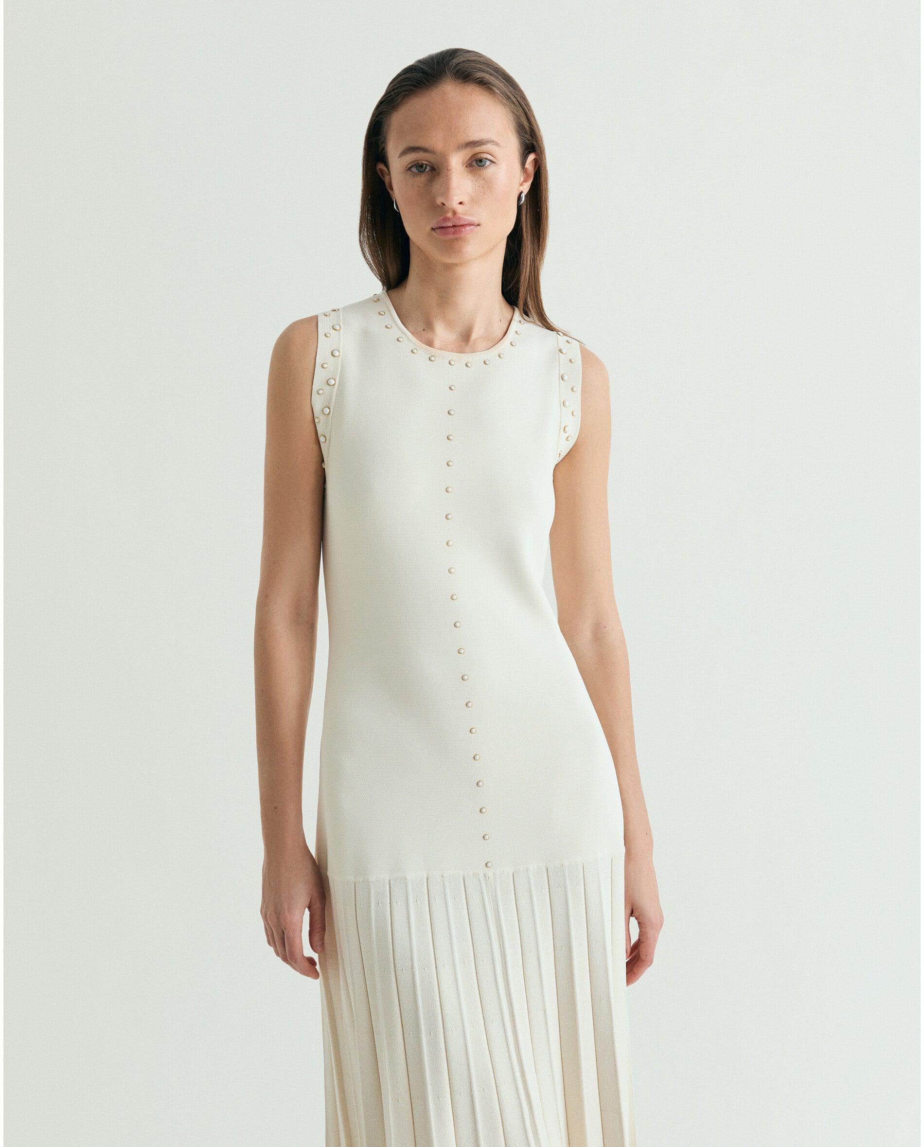 Vestido de Malha Midi com Saia Plissada Cru-2