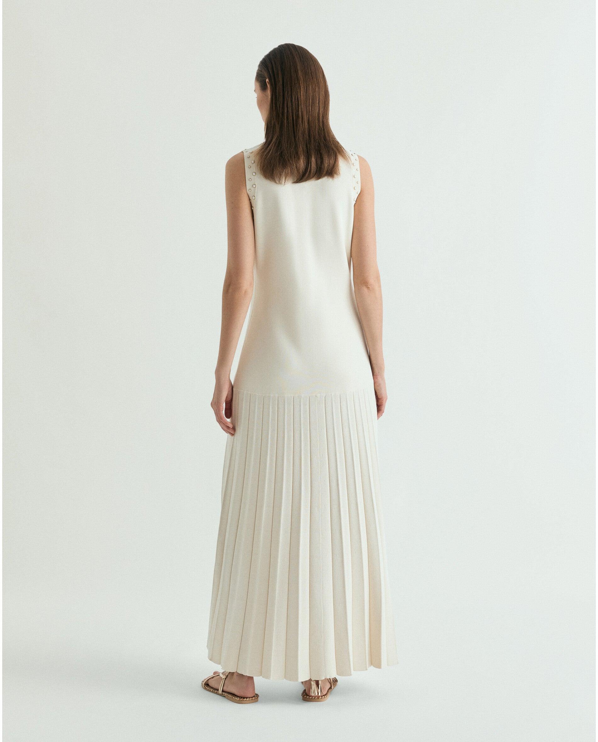 Vestido de Malha Midi com Saia Plissada Cru-3