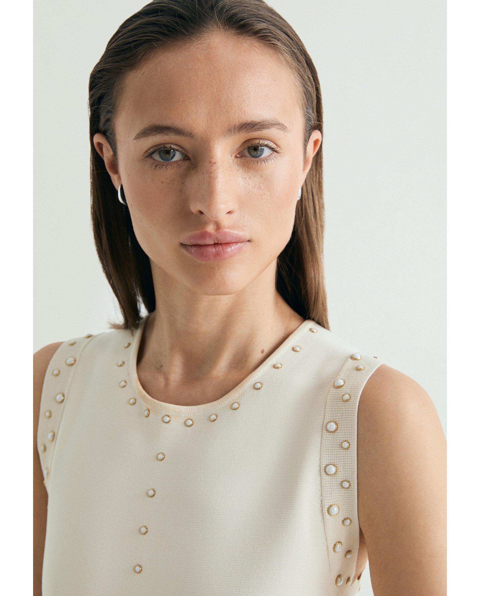 Vestido de Malha Midi com Saia Plissada Cru-4