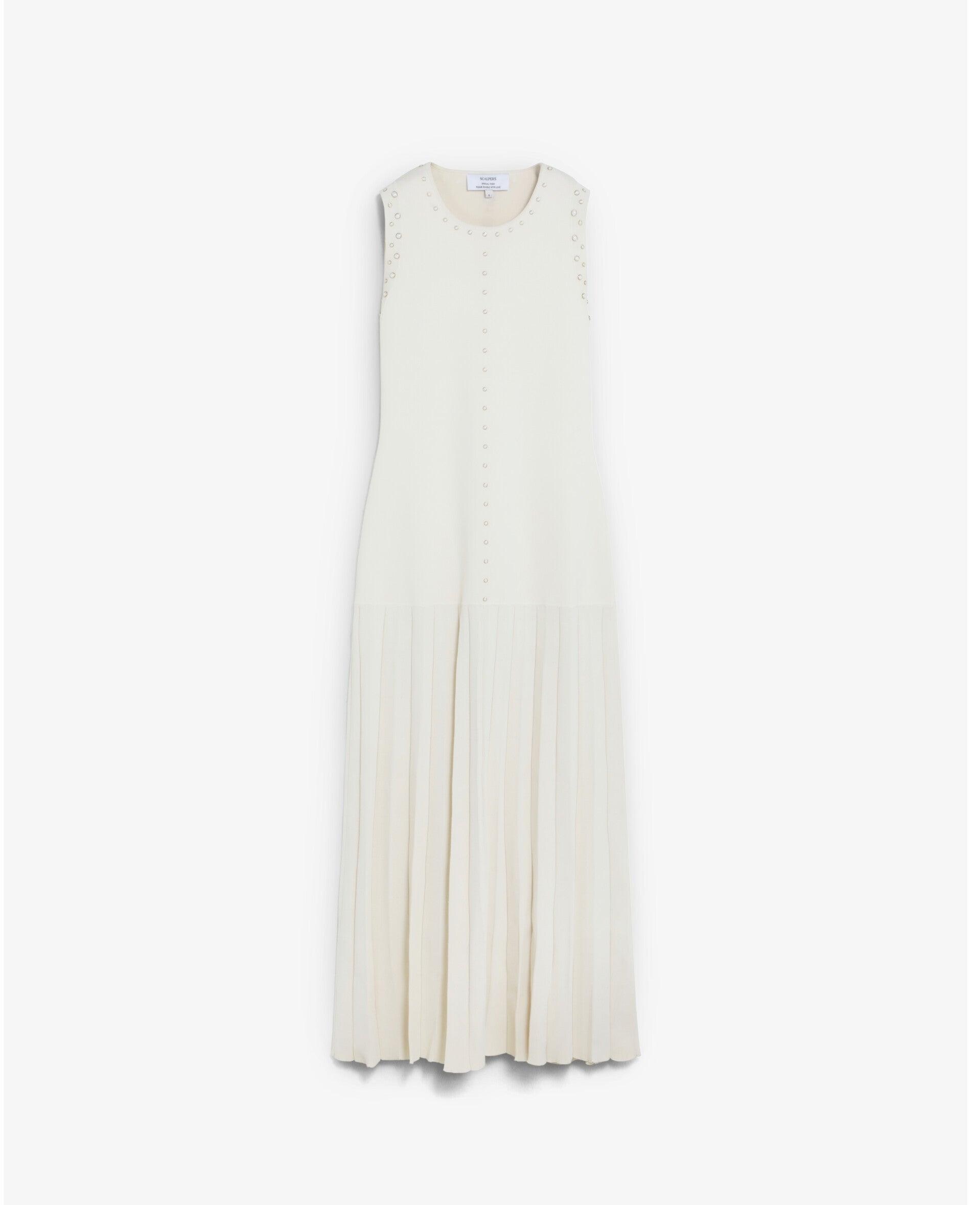 Vestido de Malha Midi com Saia Plissada Cru-5