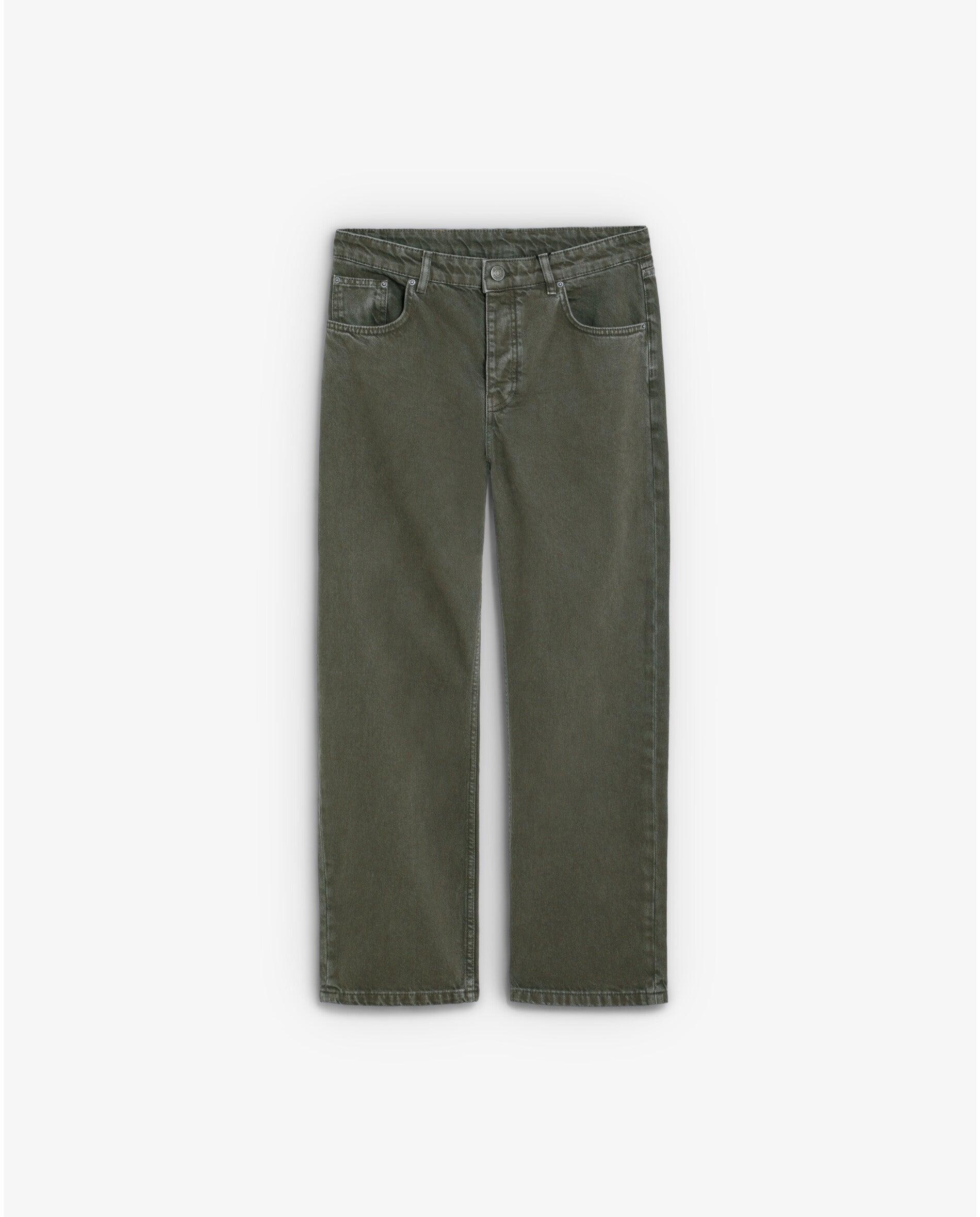 Jeans com Corte a Direito Cinco Bolsos de Cintura Média Musgo-7