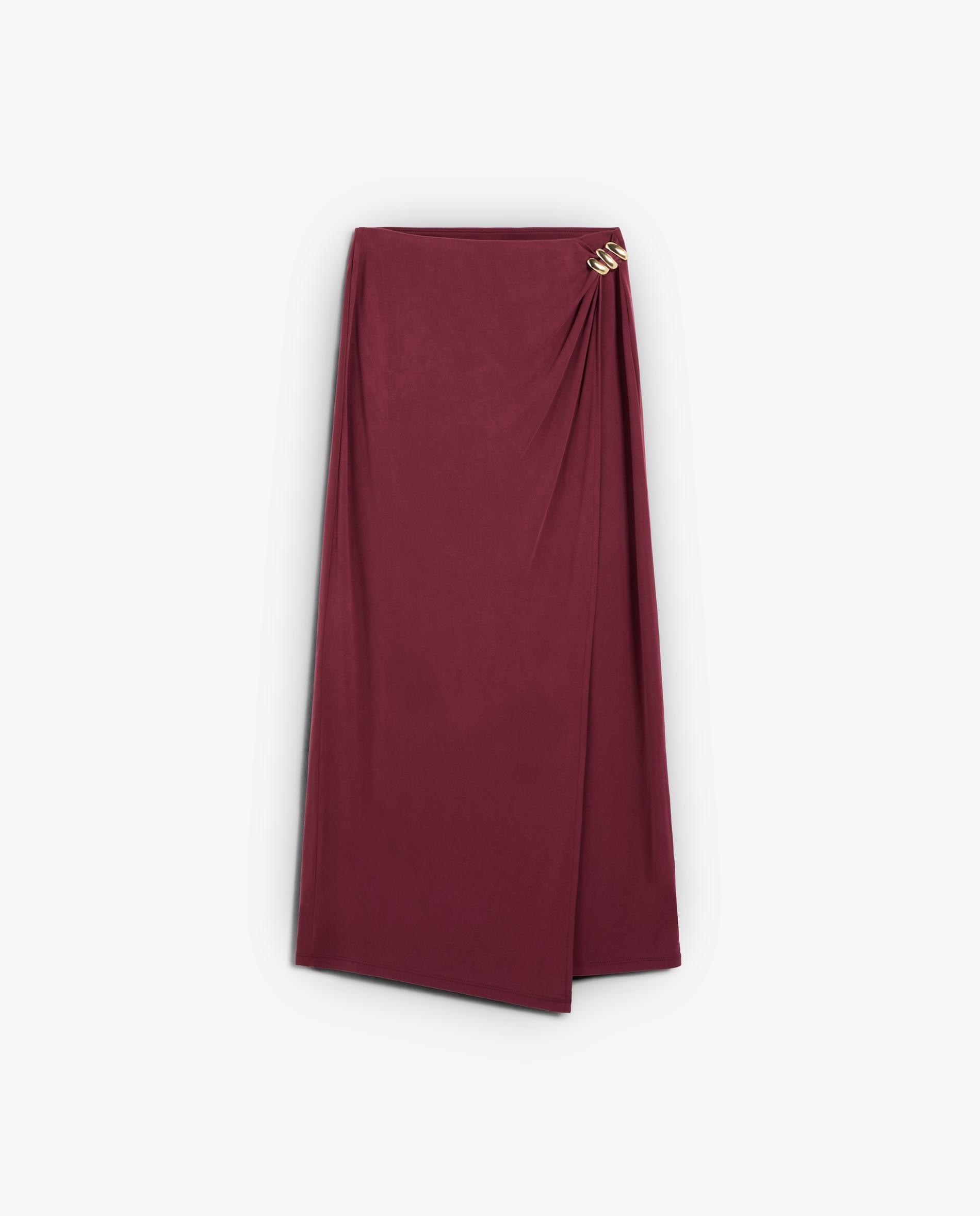 Saia Midi com Bainha Assimétrica e Alfinete Decorativo Vermelho-cereja-4