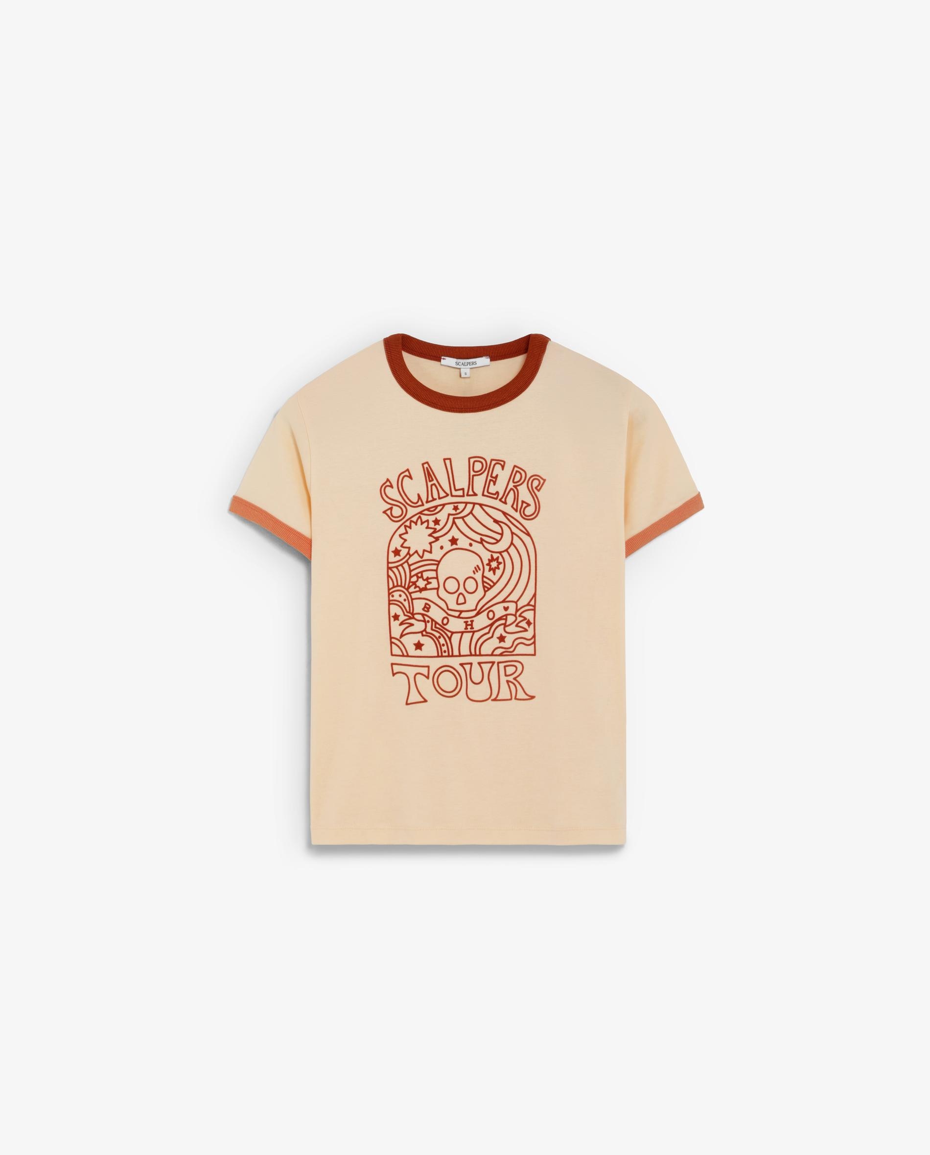 T-shirt de Manga Curta com Rib em Contraste Pêssego-4