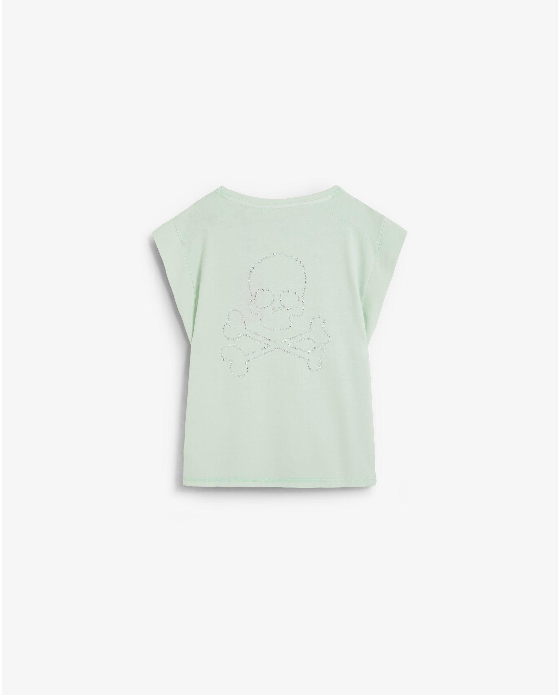 T-shirt Infantil com Caveira Posterior de Apliques Scalpers Verde Água-2
