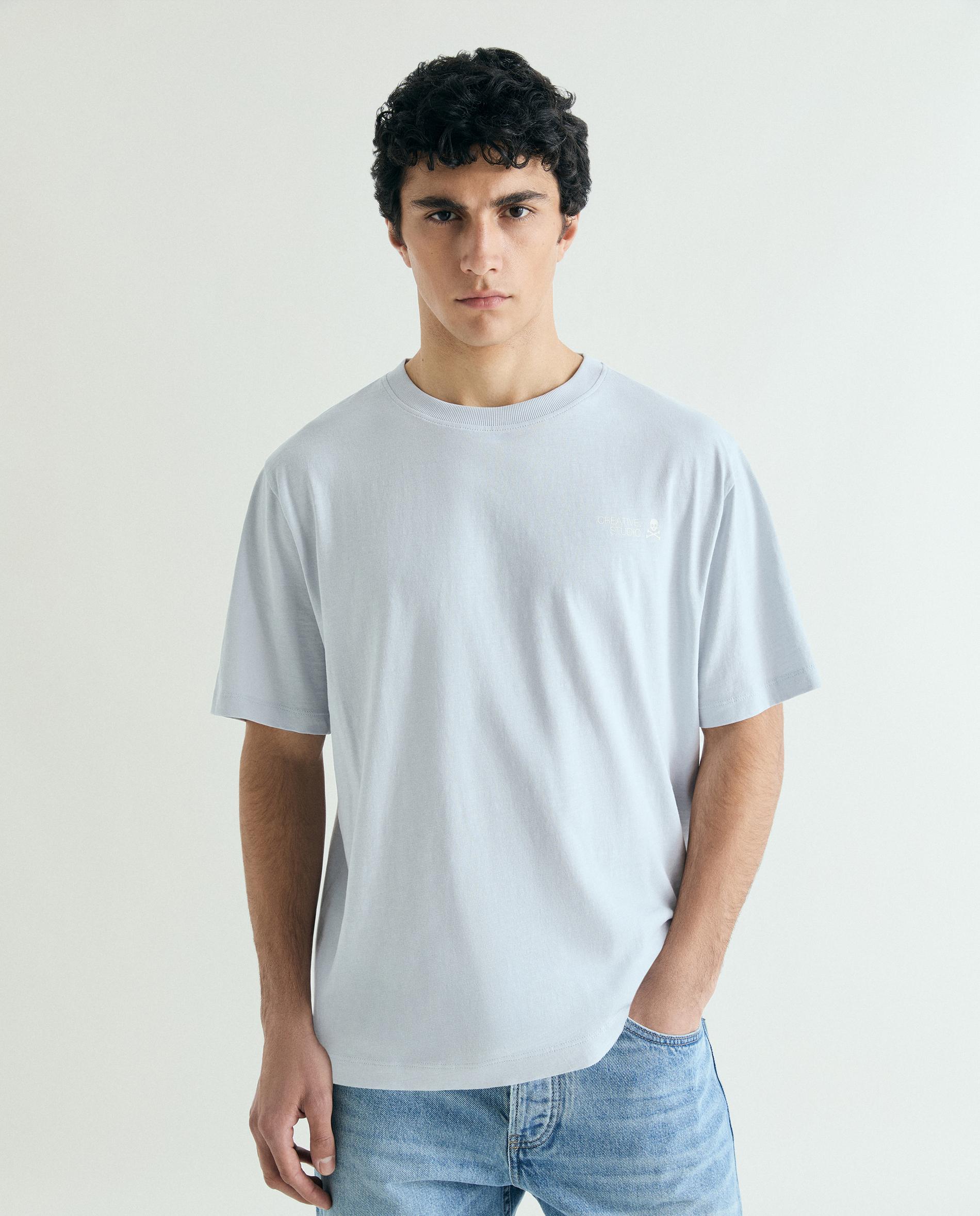 T-shirt de Manga Curta com Letreiro Posterior Azul-claro-1