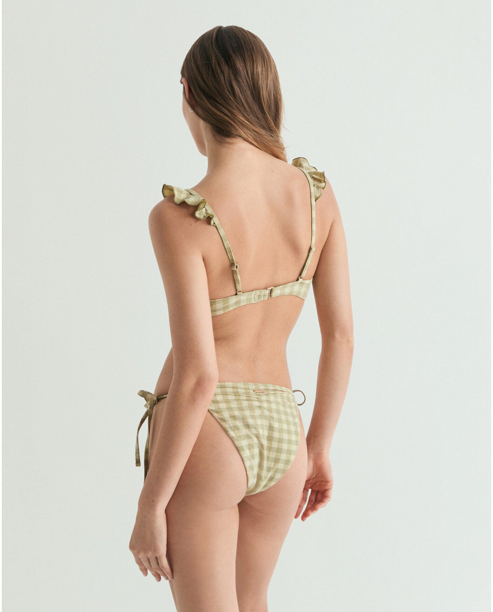 Biquíni Completo Aos Quadrados Vichy com Folhos e Cueca com Laço Verde Azeitona-4
