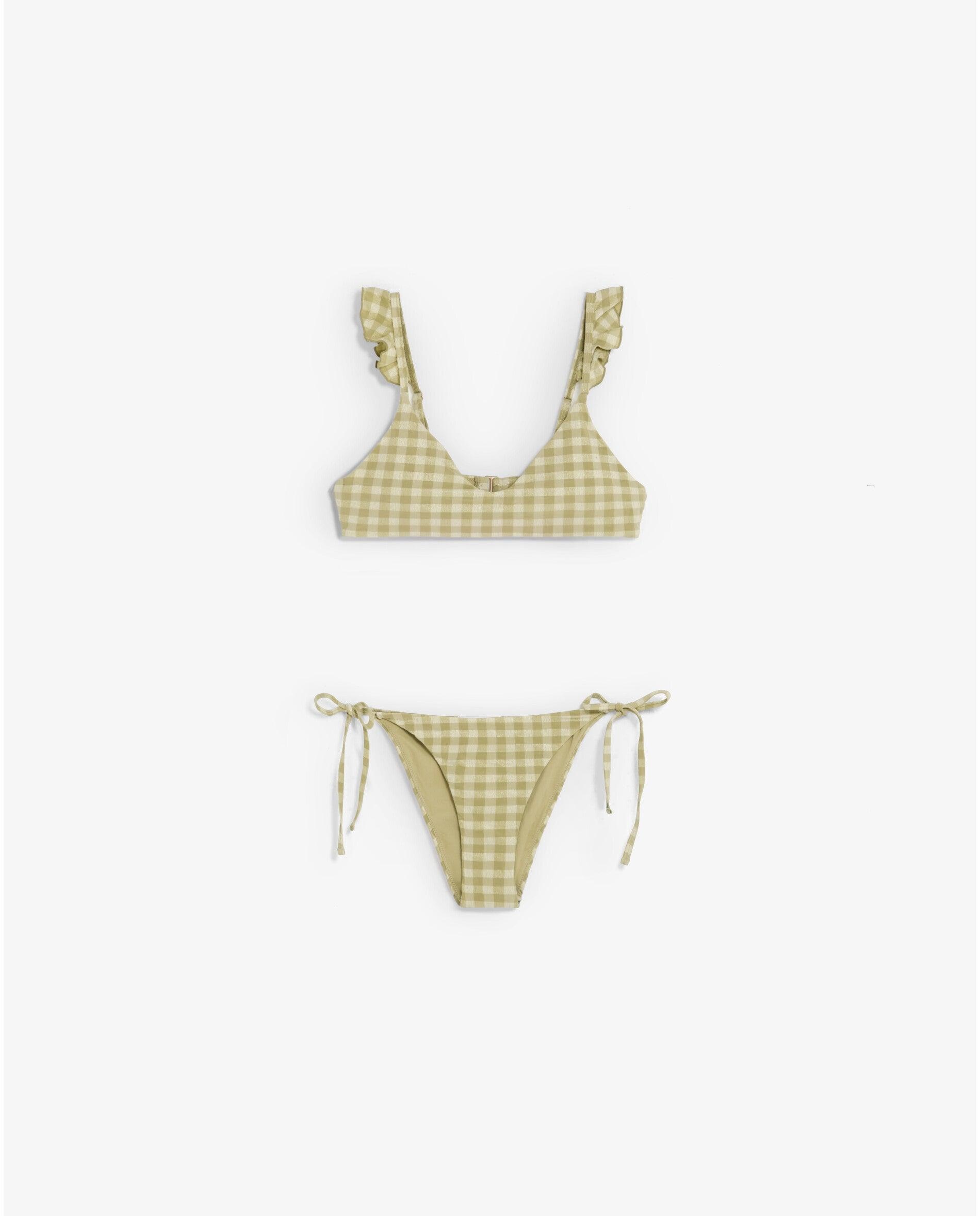 Biquíni Completo Aos Quadrados Vichy com Folhos e Cueca com Laço Verde Azeitona-5