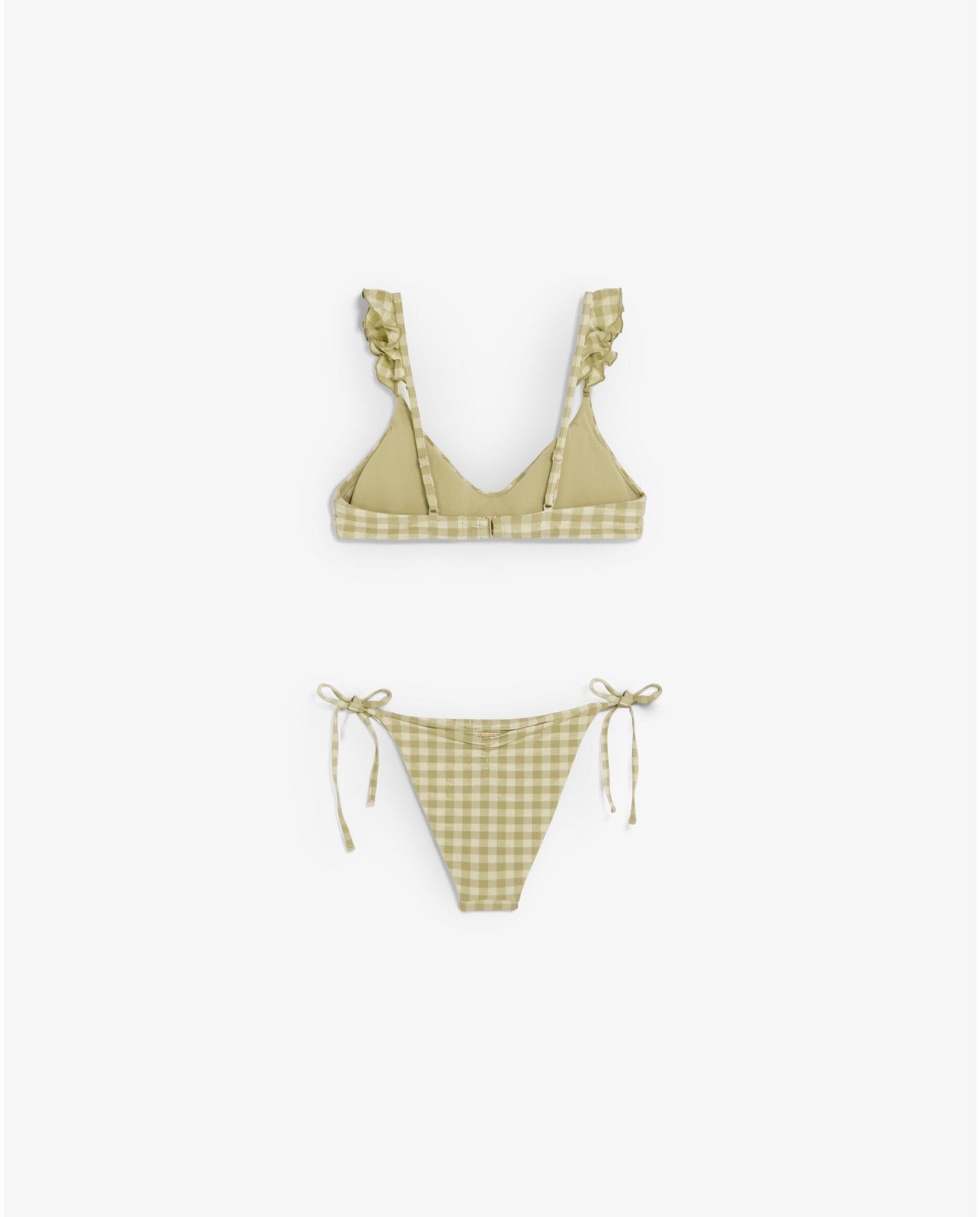Biquíni Completo Aos Quadrados Vichy com Folhos e Cueca com Laço Verde Azeitona-6