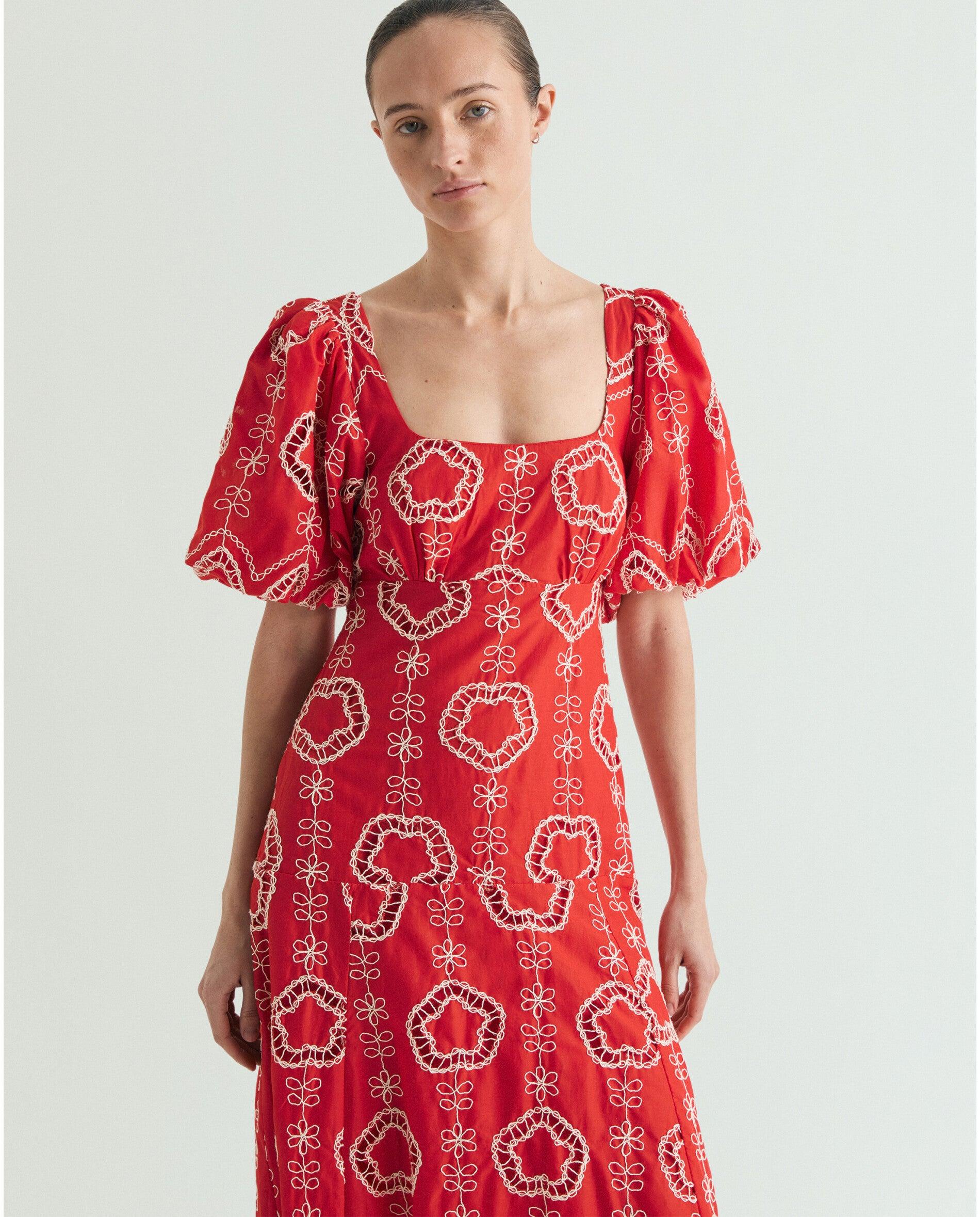 Vestido Midi Bordado com Mangas Abalonadas Vermelho-2