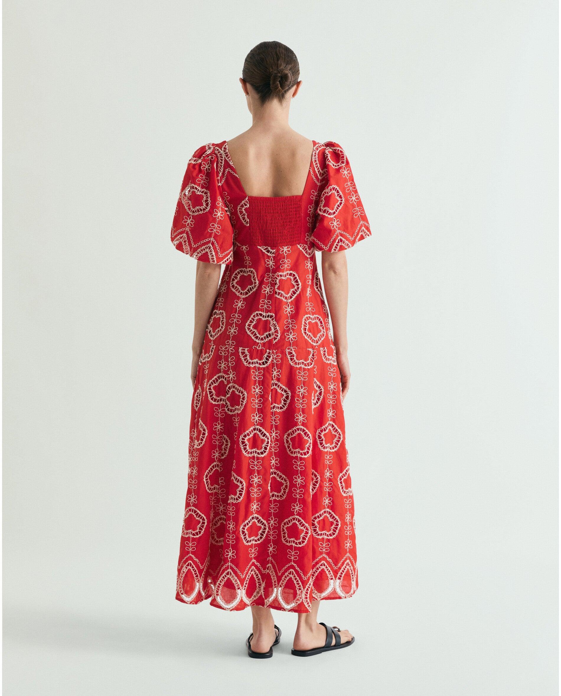 Vestido Midi Bordado com Mangas Abalonadas Vermelho-3