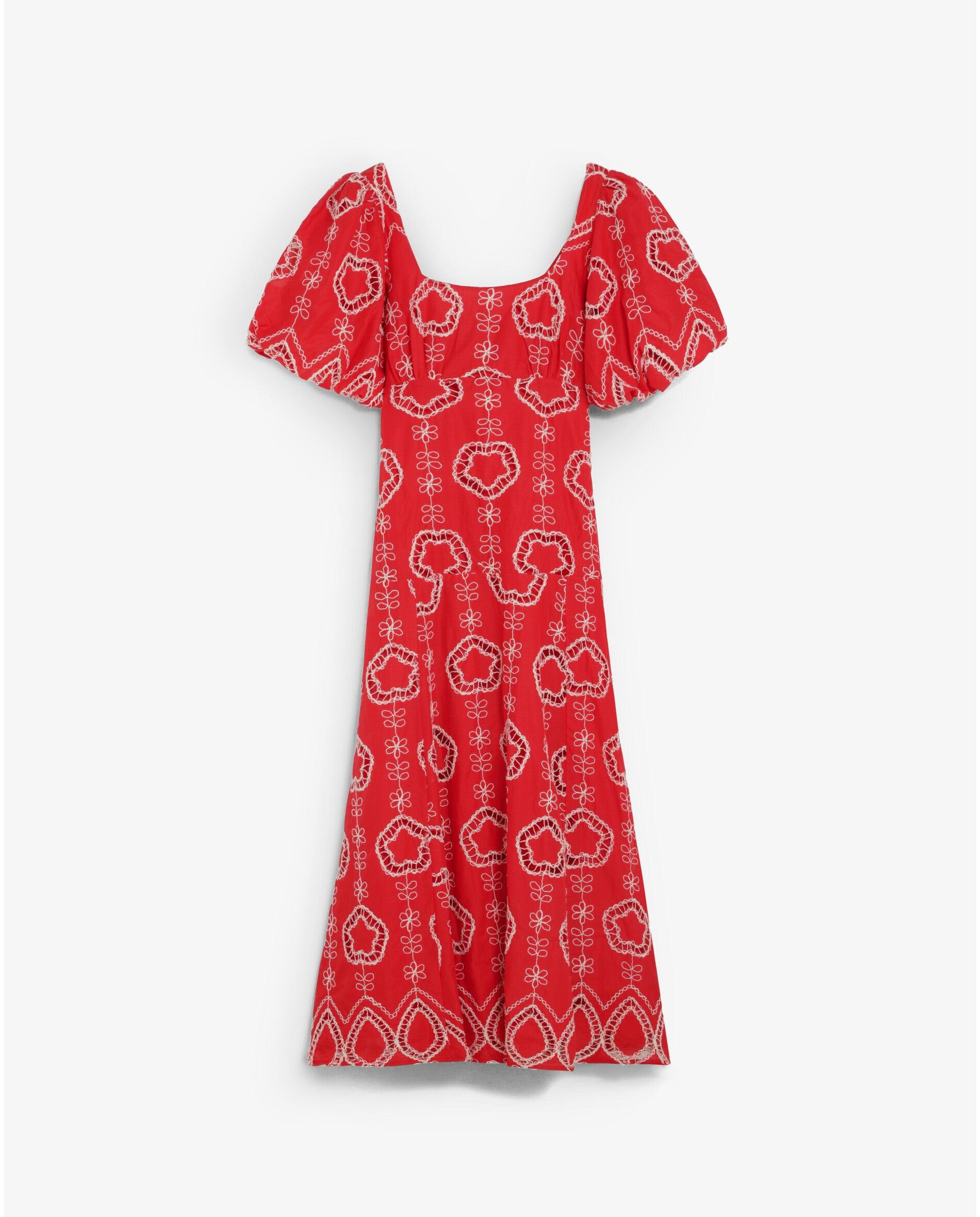 Vestido Midi Bordado com Mangas Abalonadas Vermelho-4