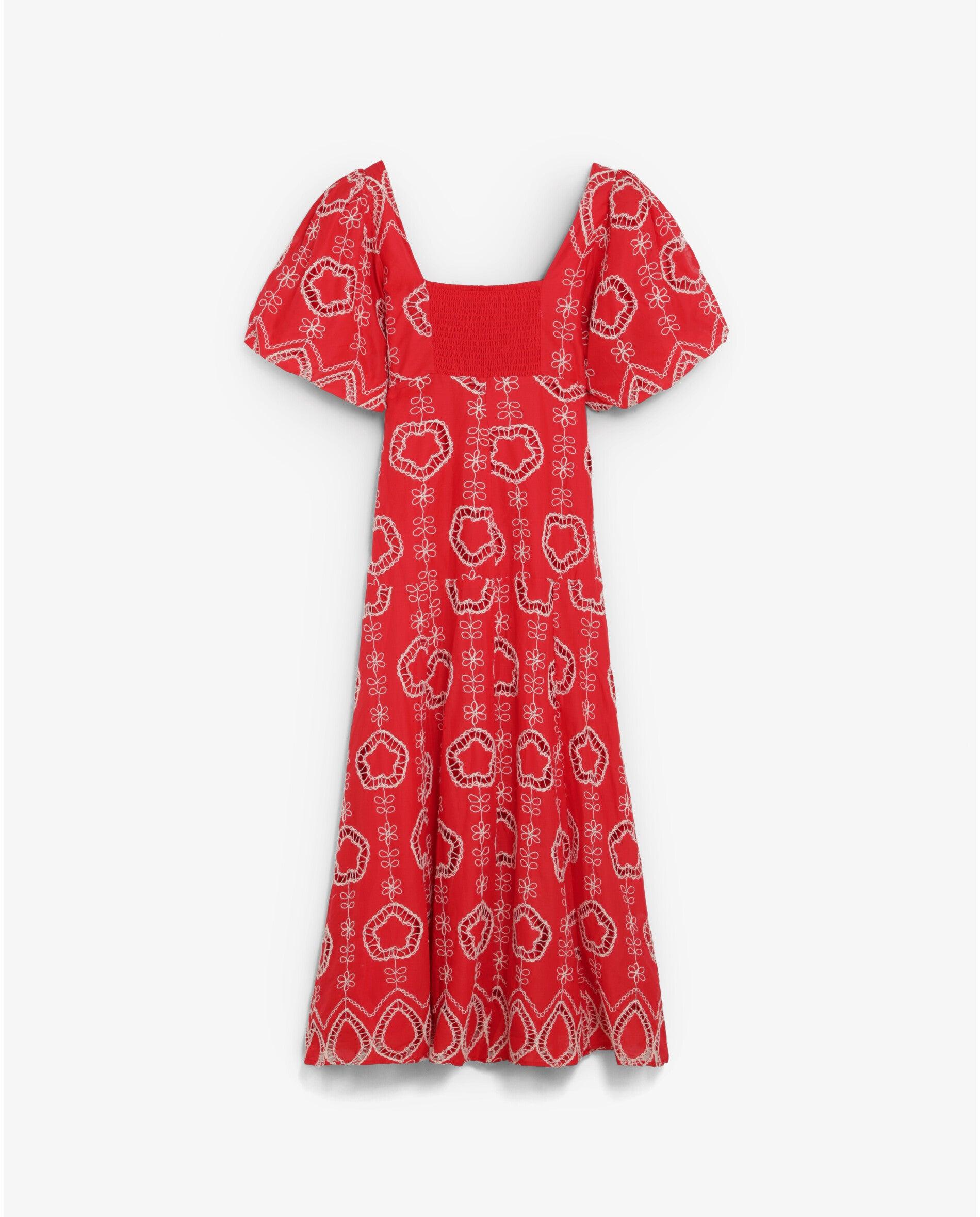 Vestido Midi Bordado com Mangas Abalonadas Vermelho-5