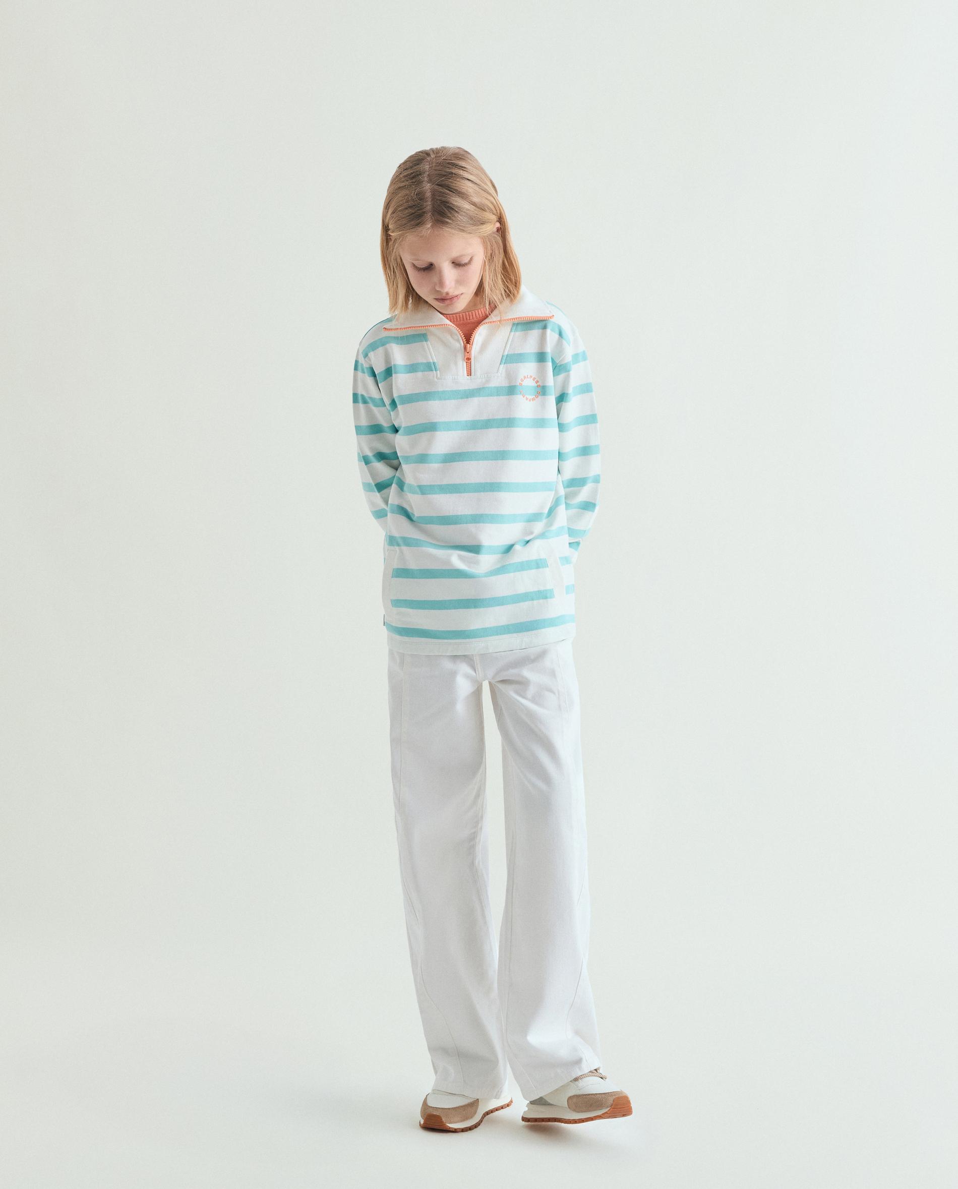 Sweat Infantil Às Riscas com Fecho Zip em Contraste na Gola Verde Água-3