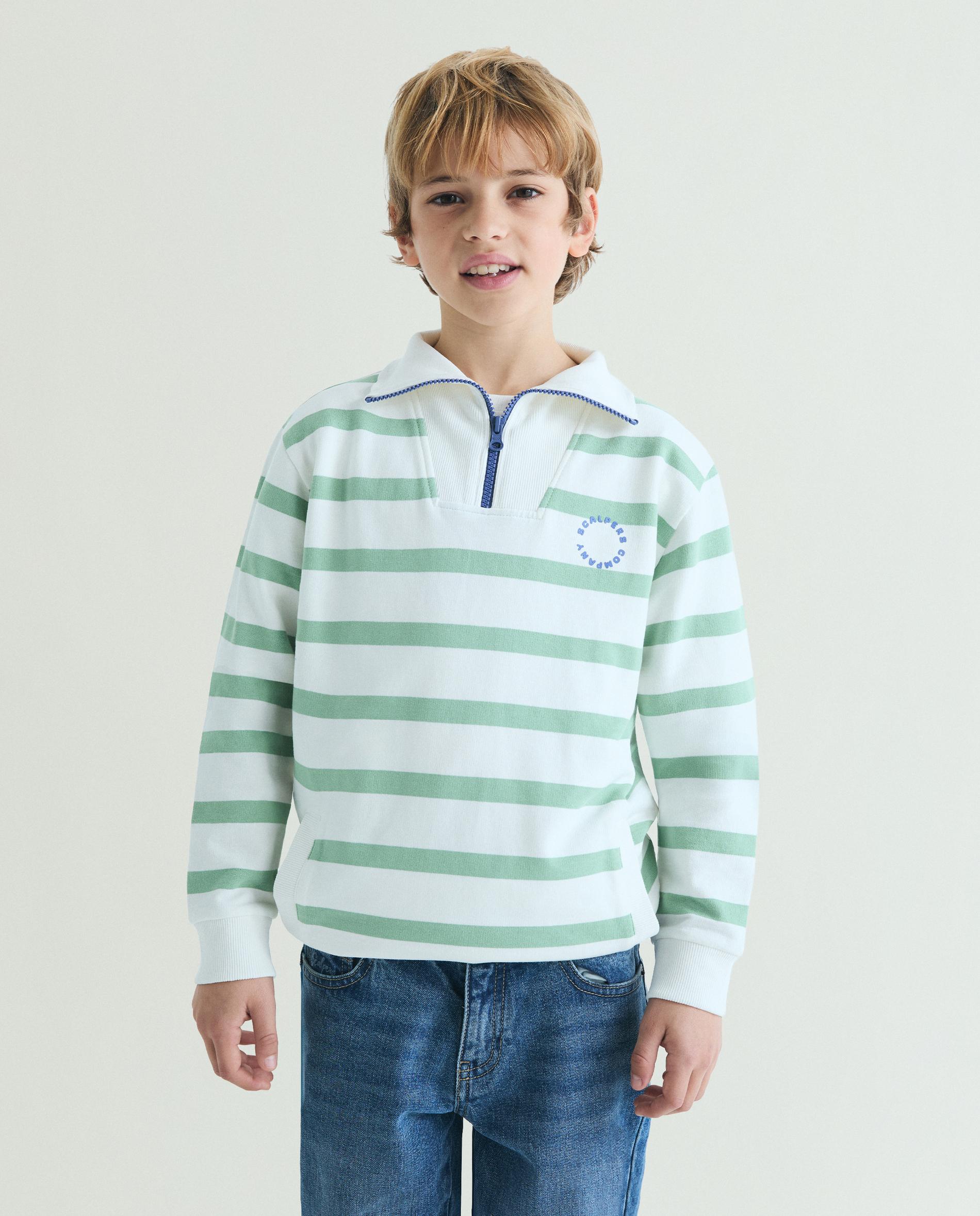 Sweat Infantil Às Riscas com Fecho Zip na Gola Branco / Verde-1