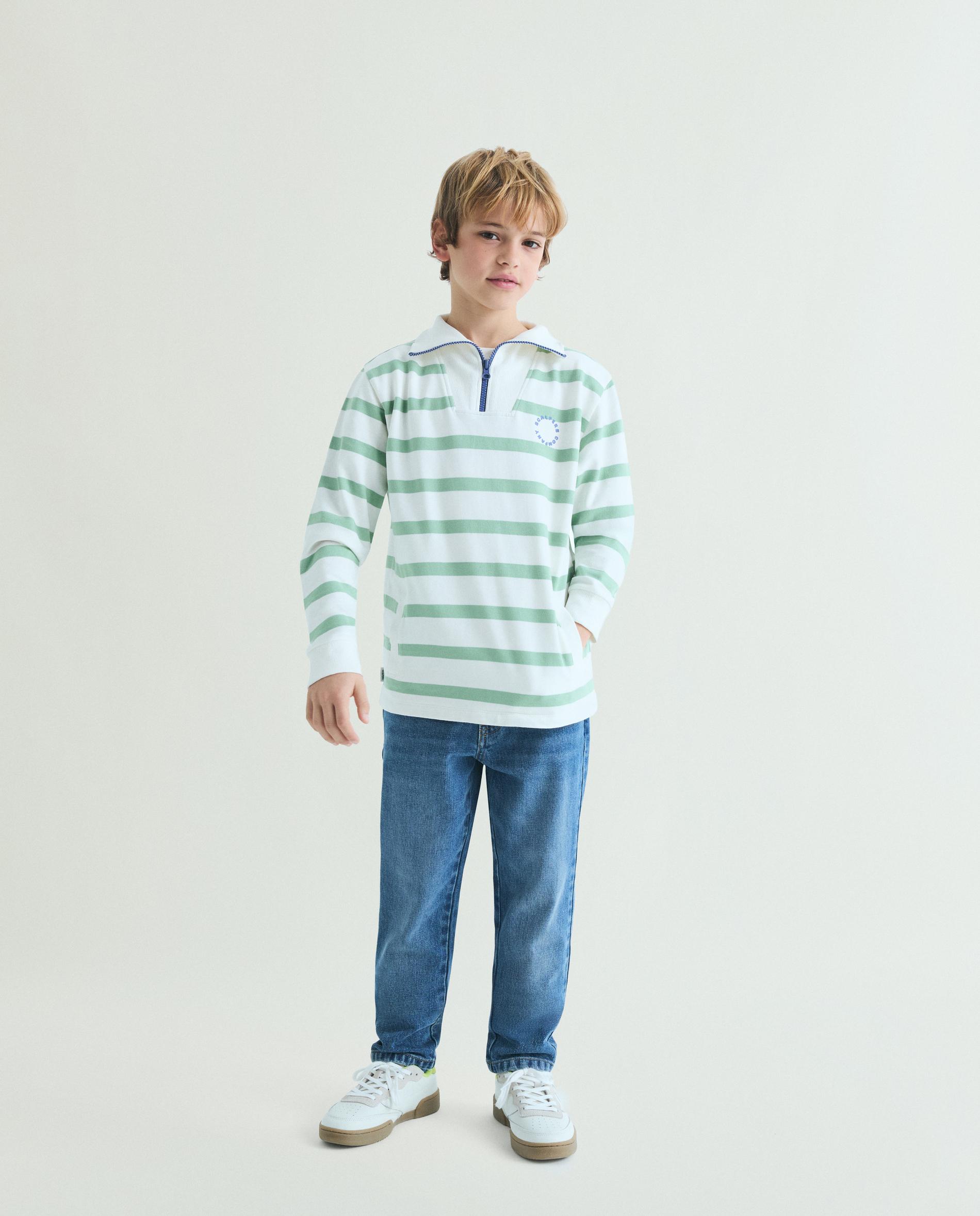 Sweat Infantil Às Riscas com Fecho Zip na Gola Branco / Verde-3