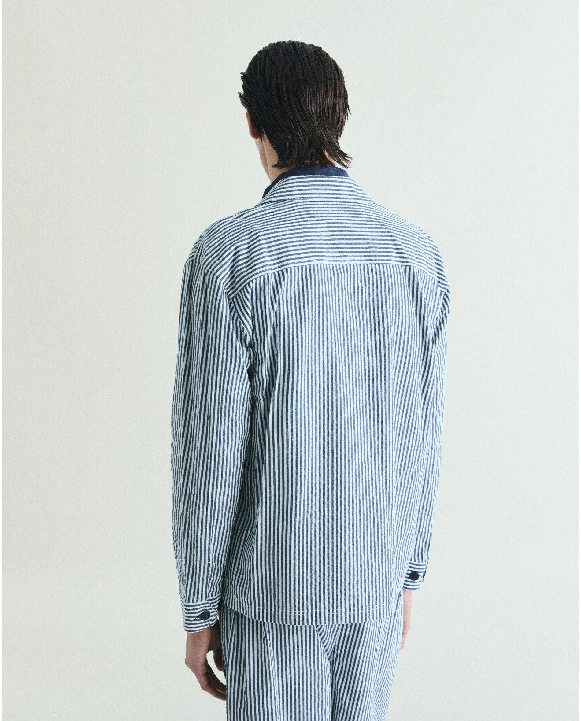 Sobrecamisa Às Riscas com Bolsos Tipo Patch Azul-2