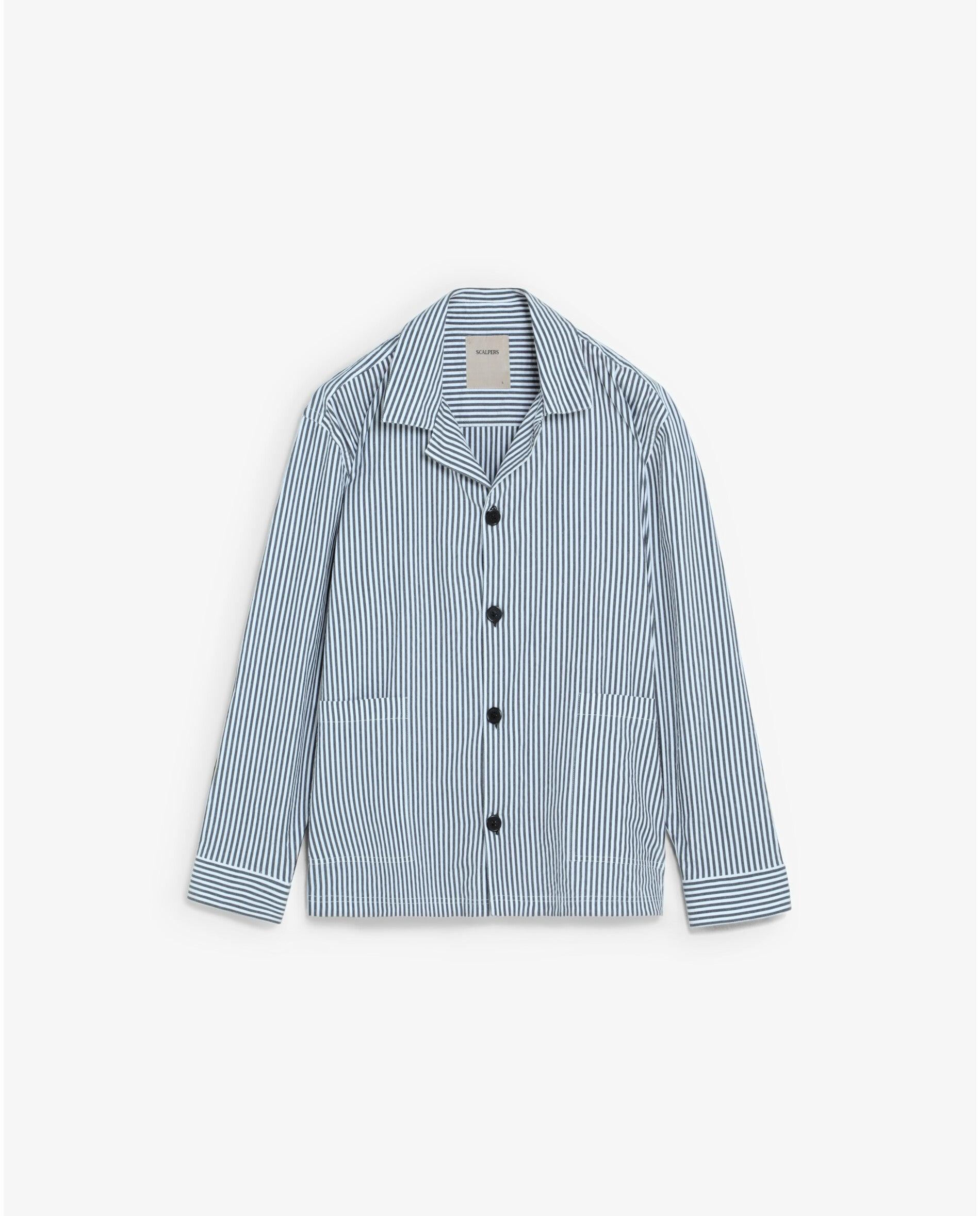 Sobrecamisa Às Riscas com Bolsos Tipo Patch Azul-5