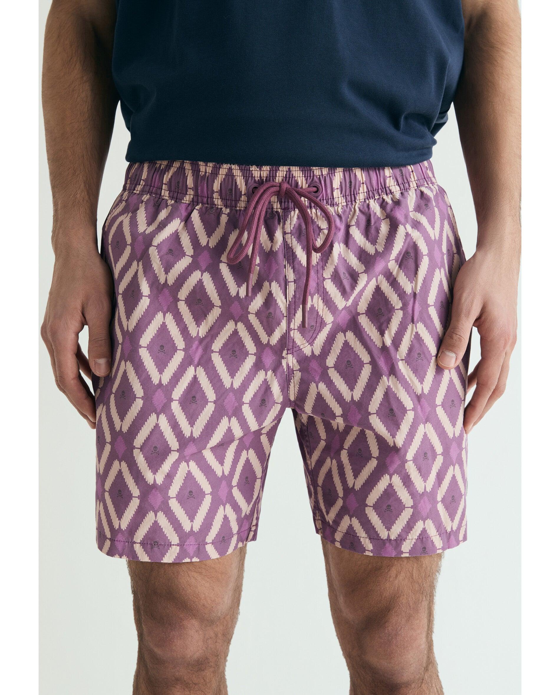 Fato de Banho Bermuda com Estampado Geométrico e Bolso Posterior Bordeaux-5