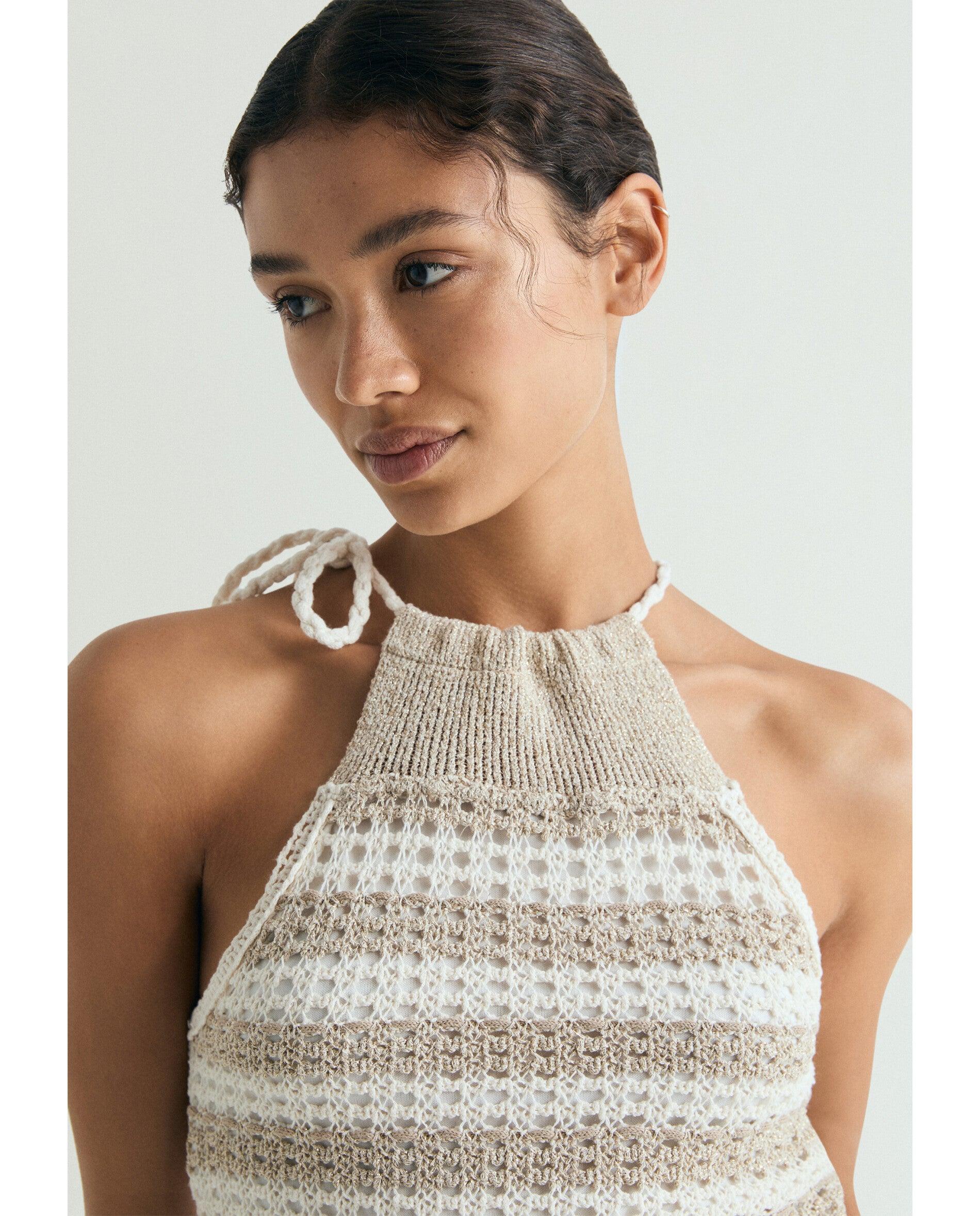 Top de Crochet Forrado com Gola Halter Natural-4