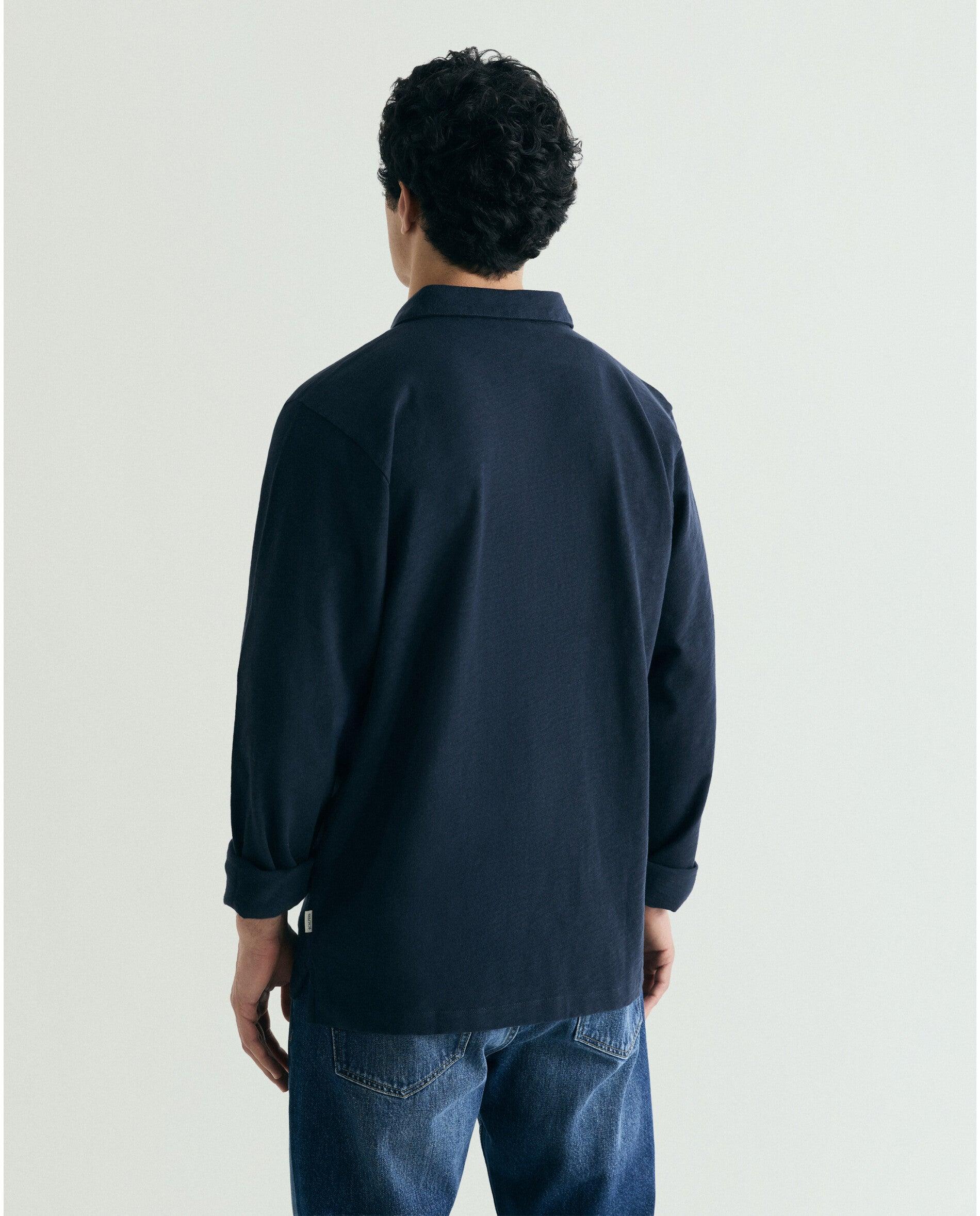 Polo de Manga Comprida em Tecido Texturizado com Bolso Azul-marinho-2