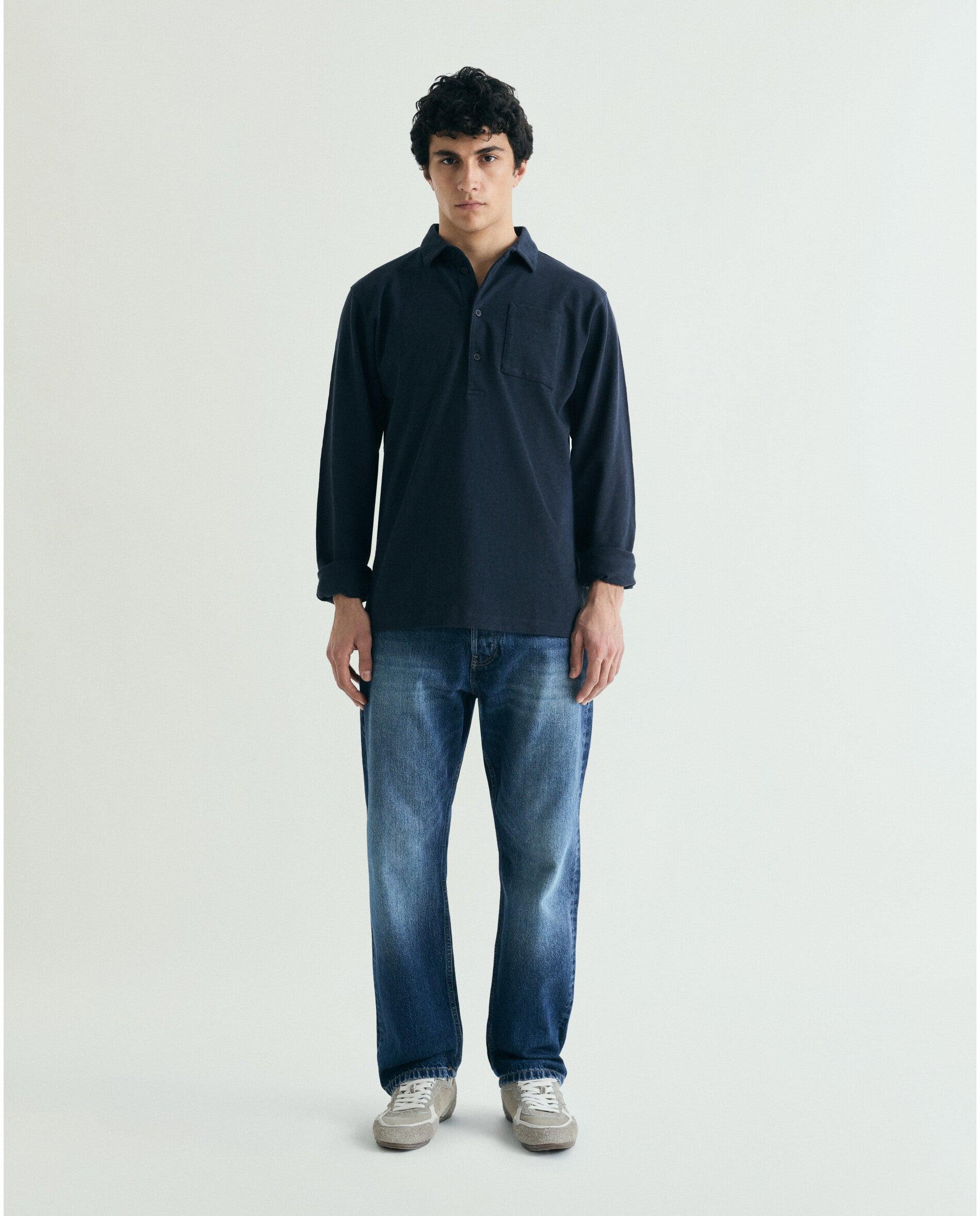 Polo de Manga Comprida em Tecido Texturizado com Bolso Azul-marinho-3