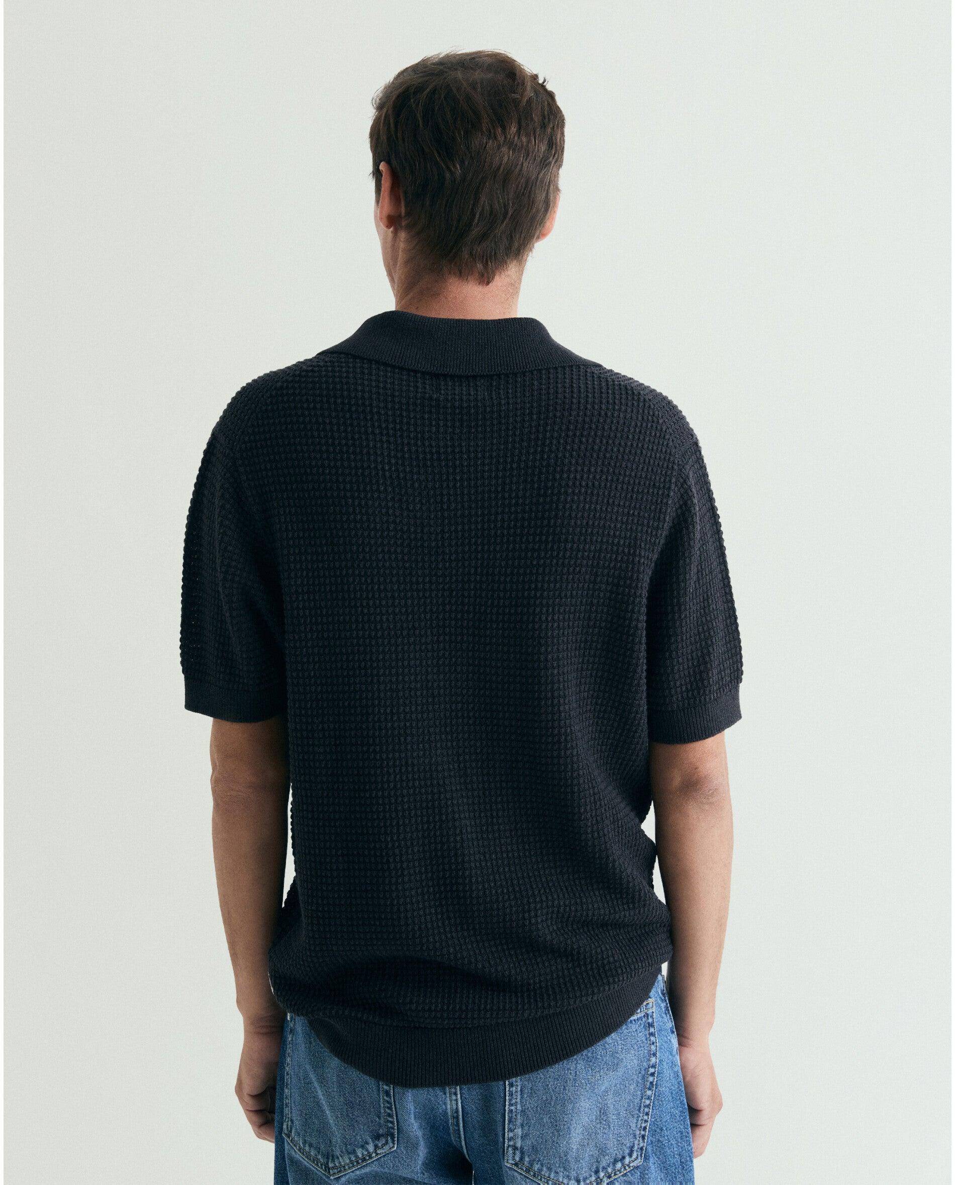 Camisola em Crochet de Manga Curta com Gola Polo Antracite-2