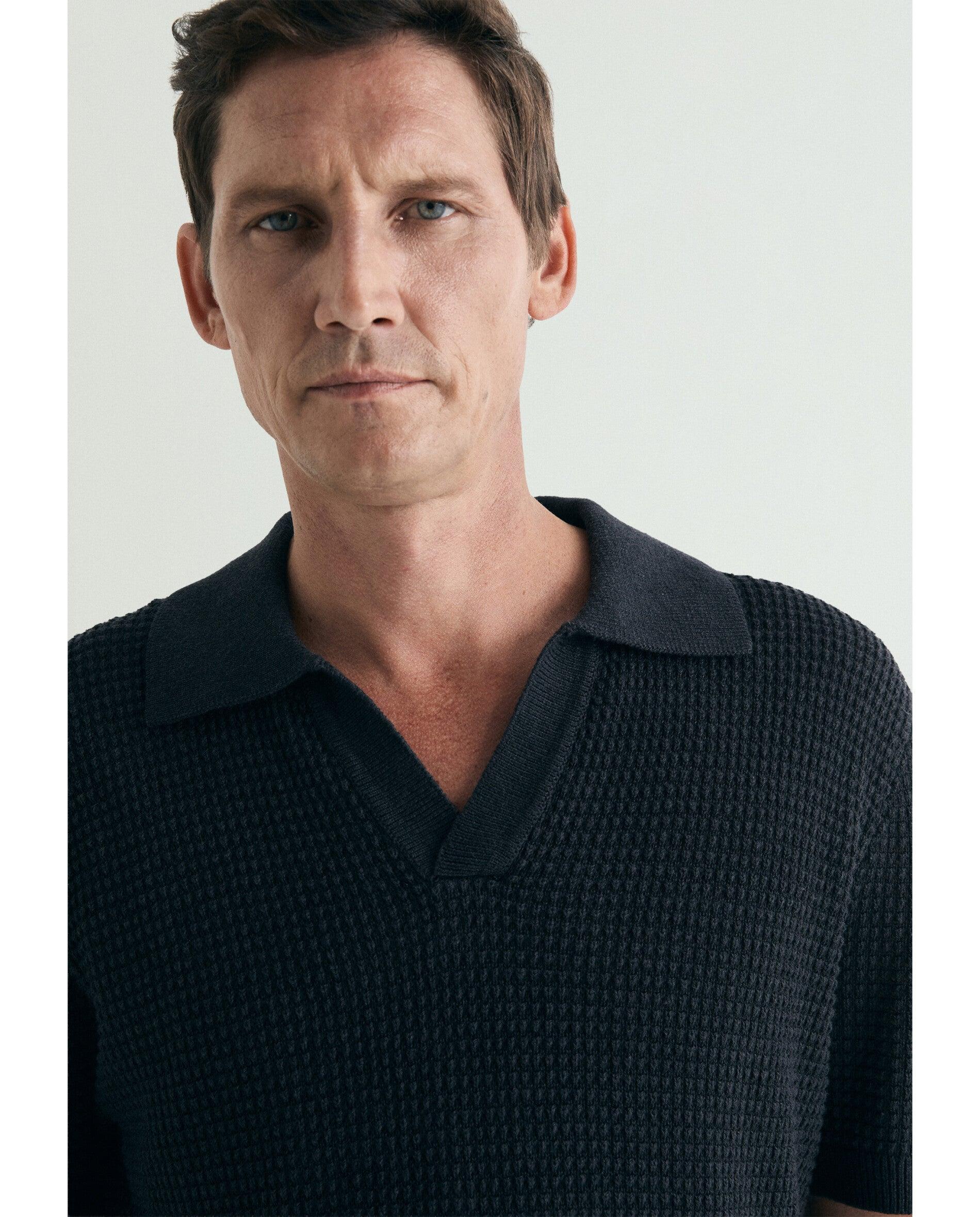 Camisola em Crochet de Manga Curta com Gola Polo Antracite-4