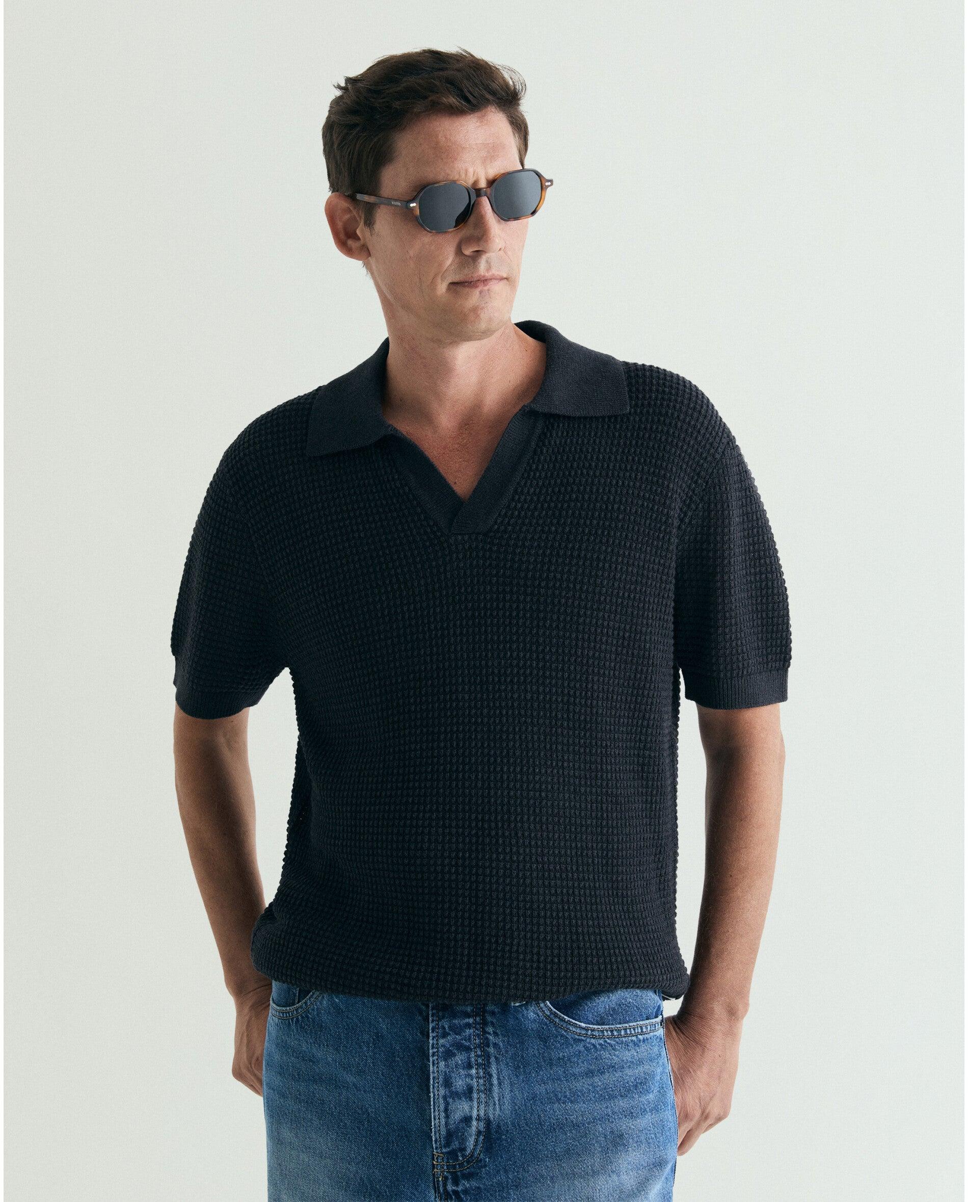 Camisola em Crochet de Manga Curta com Gola Polo Antracite-5
