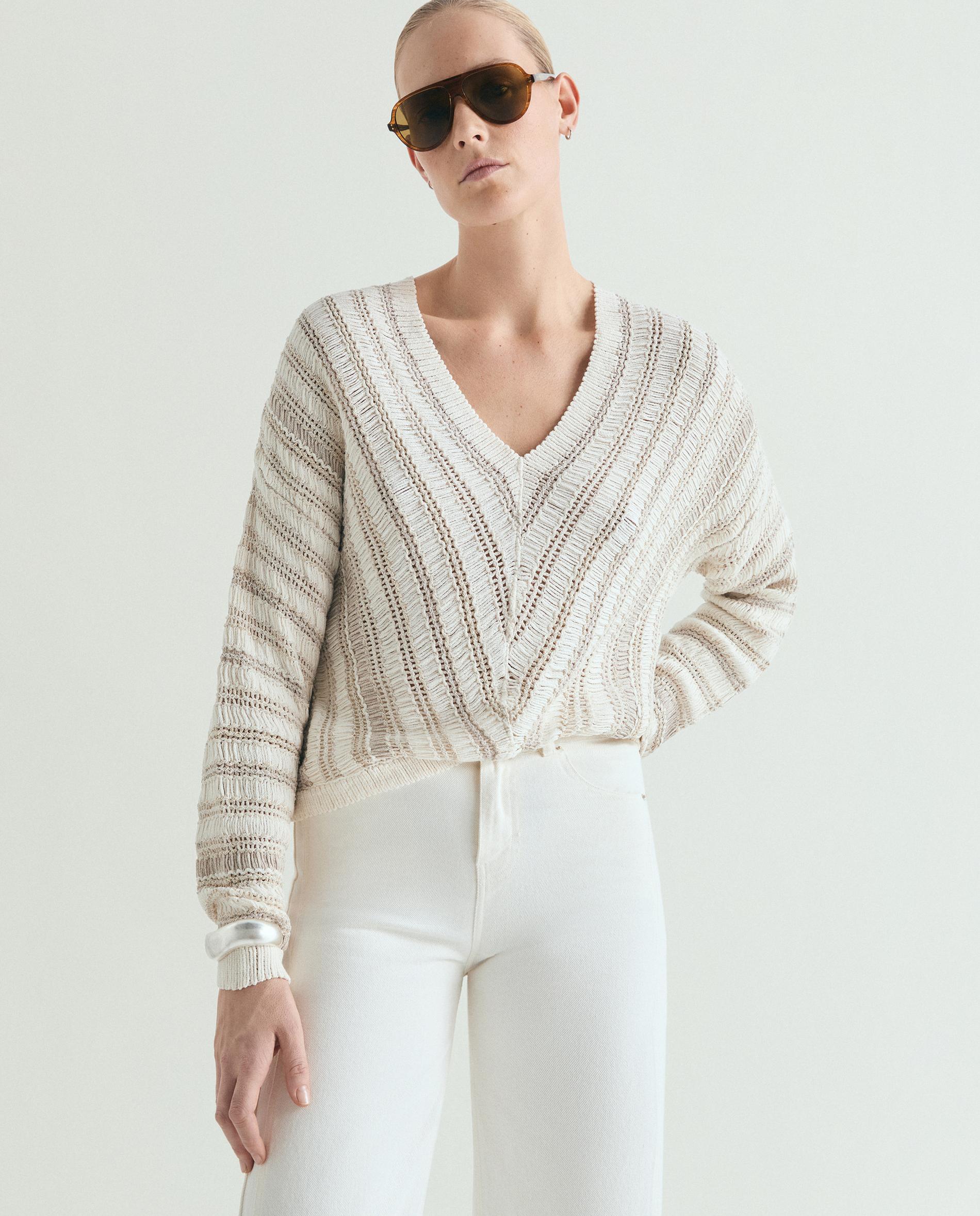 Camisola Às Riscas com Decote em V Natural-1