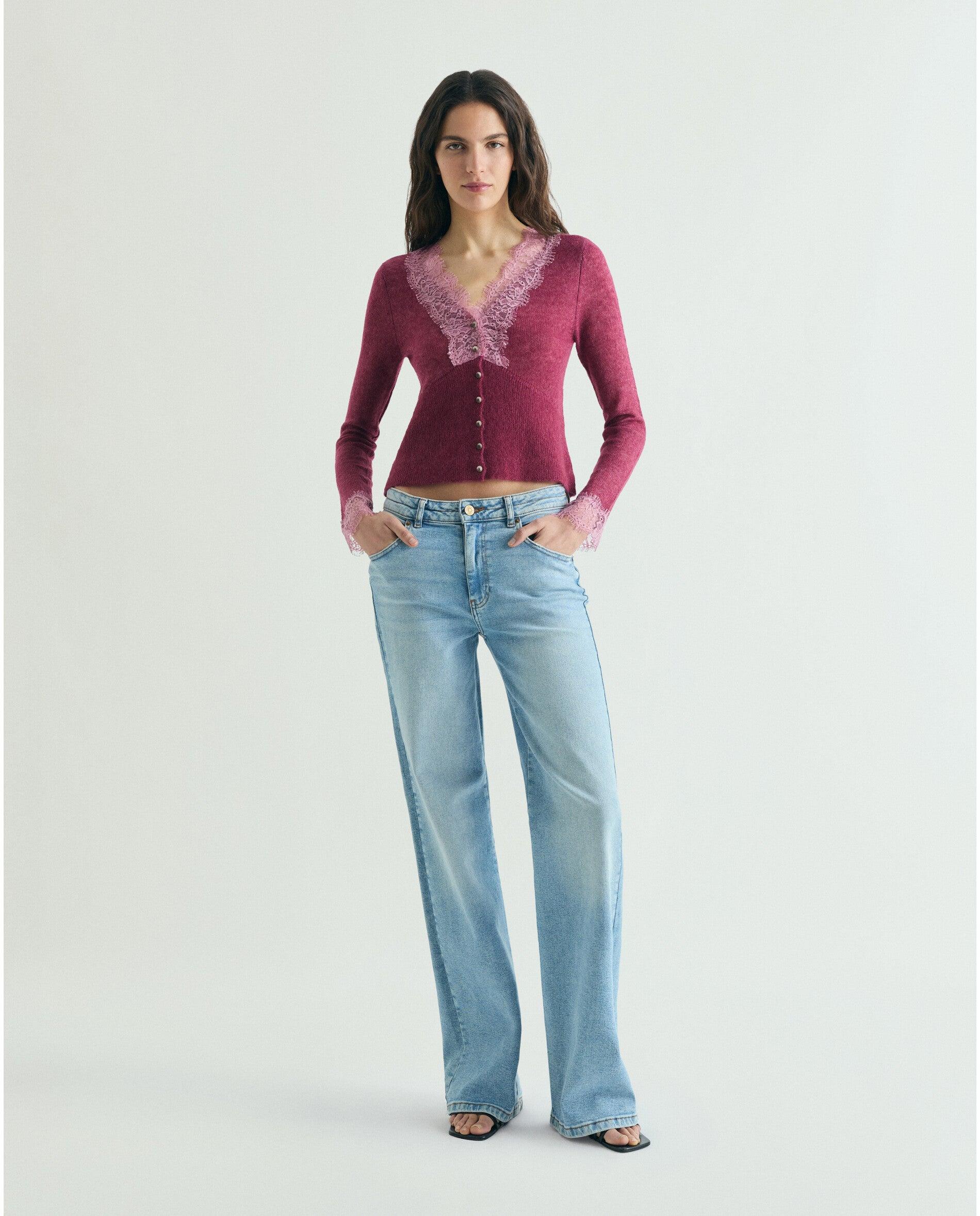 Cardigan com Detalhe de Renda Bordeaux-3