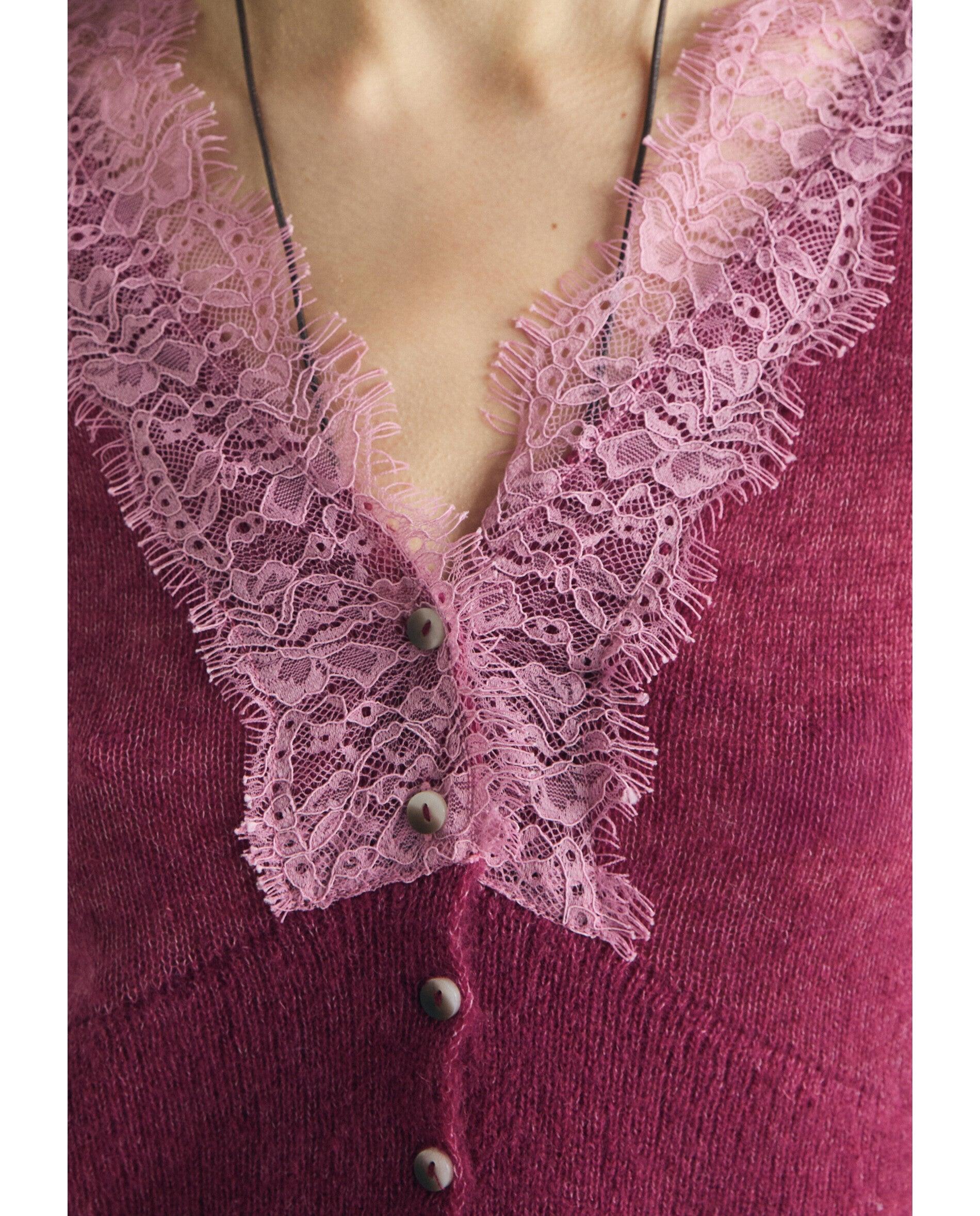 Cardigan com Detalhe de Renda Bordeaux-4