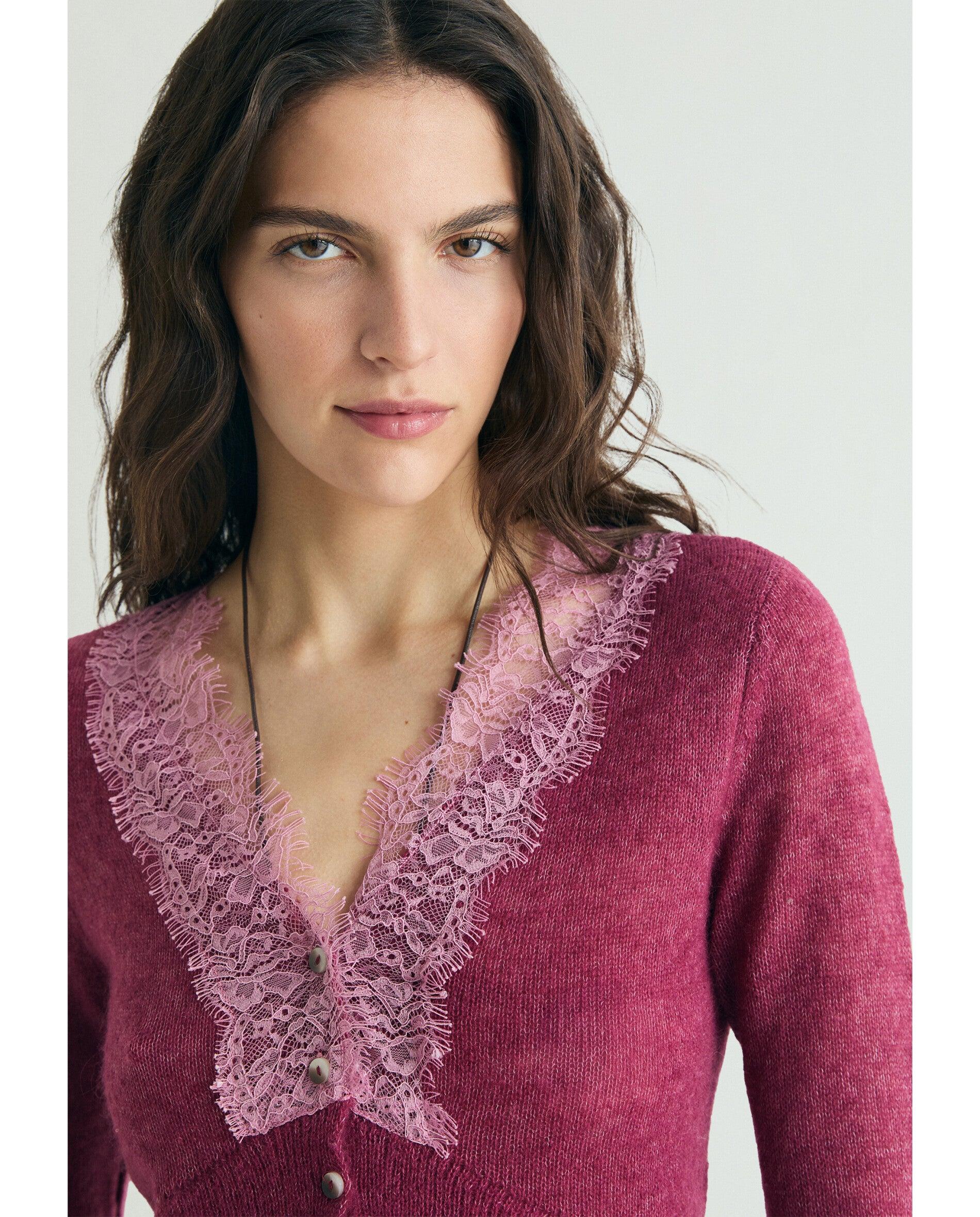Cardigan com Detalhe de Renda Bordeaux-5