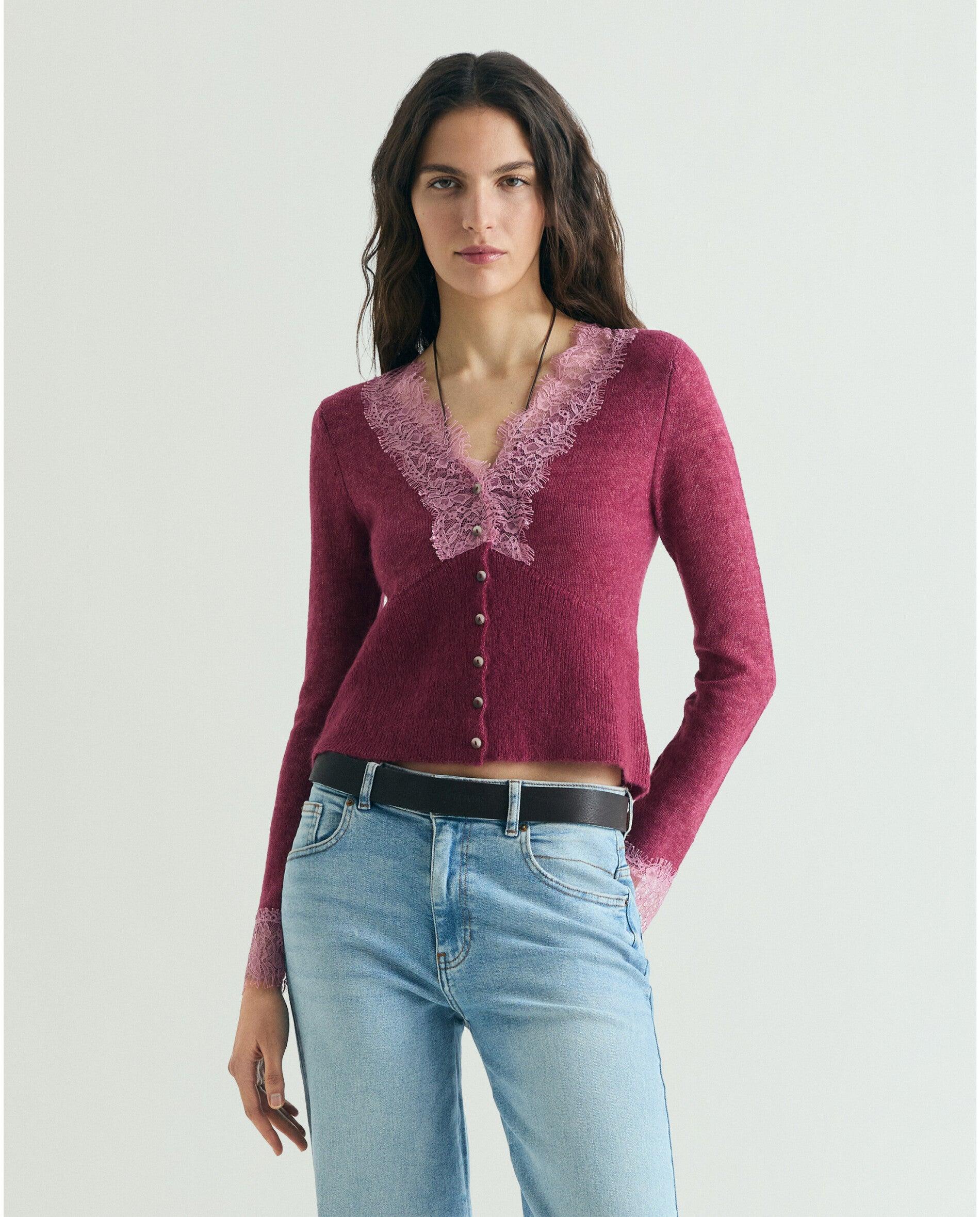 Cardigan com Detalhe de Renda Bordeaux-1