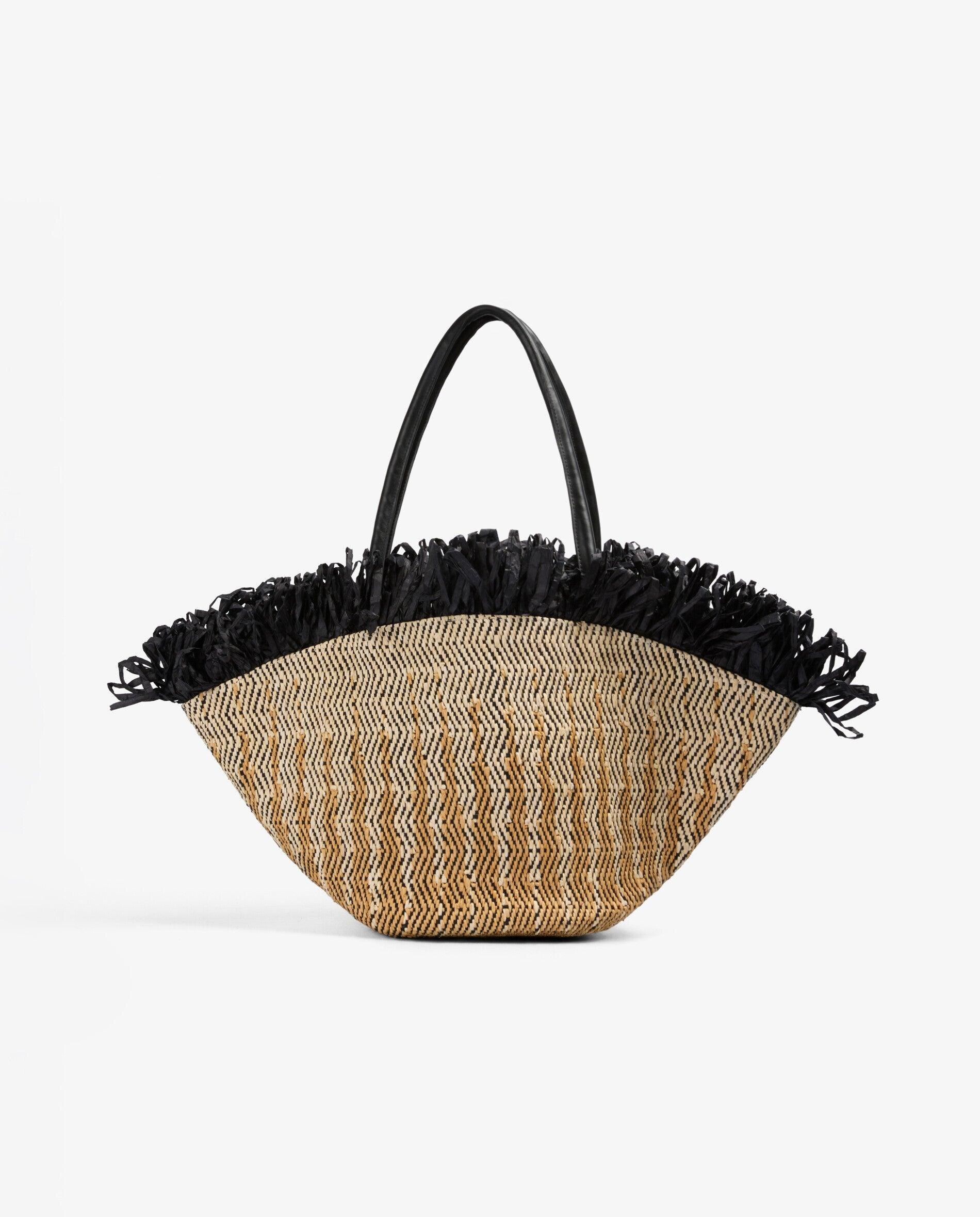 Cesto com Detalhe de Franjas e Botão Magnético Preto / Natural-2