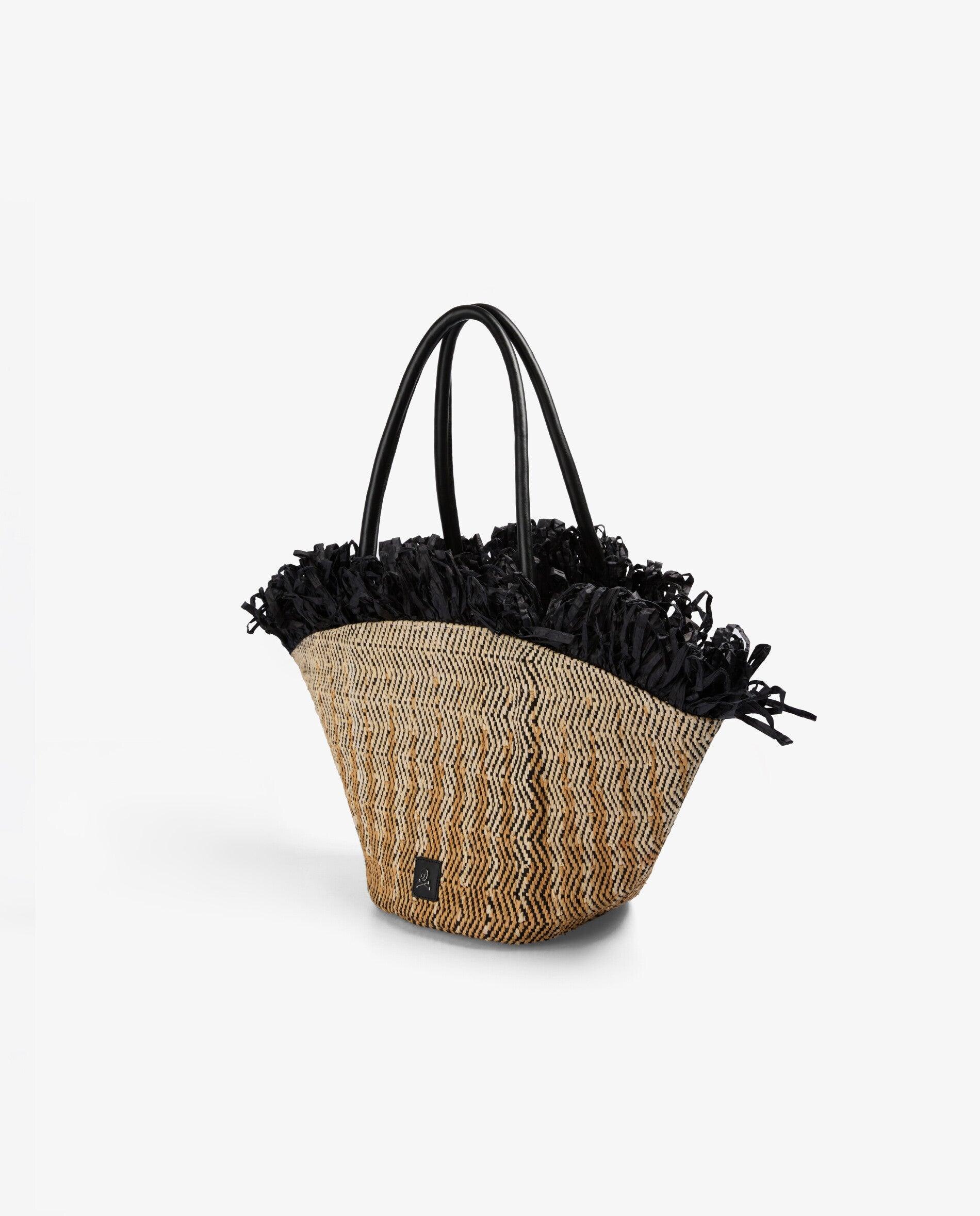 Cesto com Detalhe de Franjas e Botão Magnético Preto / Natural-3