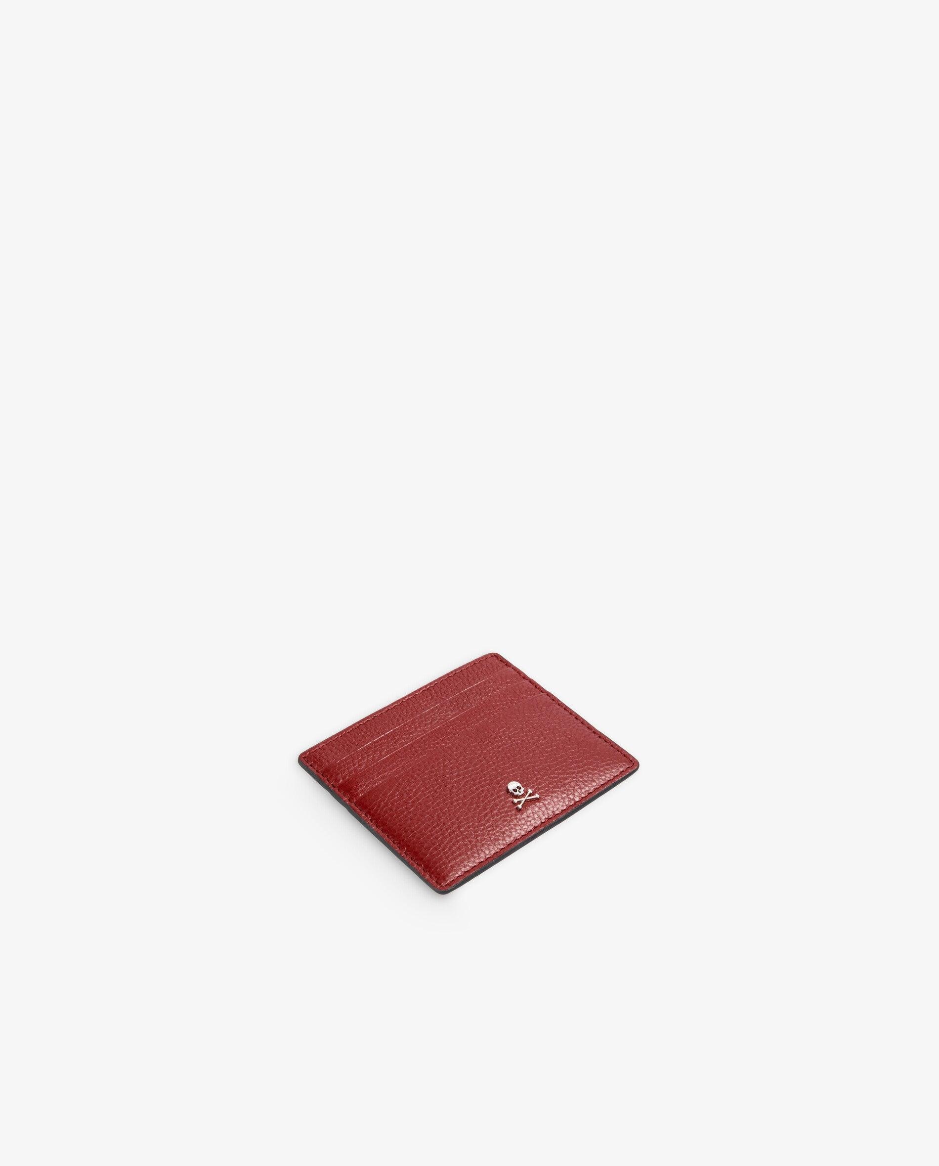 Porta-cartões de Pele com Caveira Metálica Vermelho-3